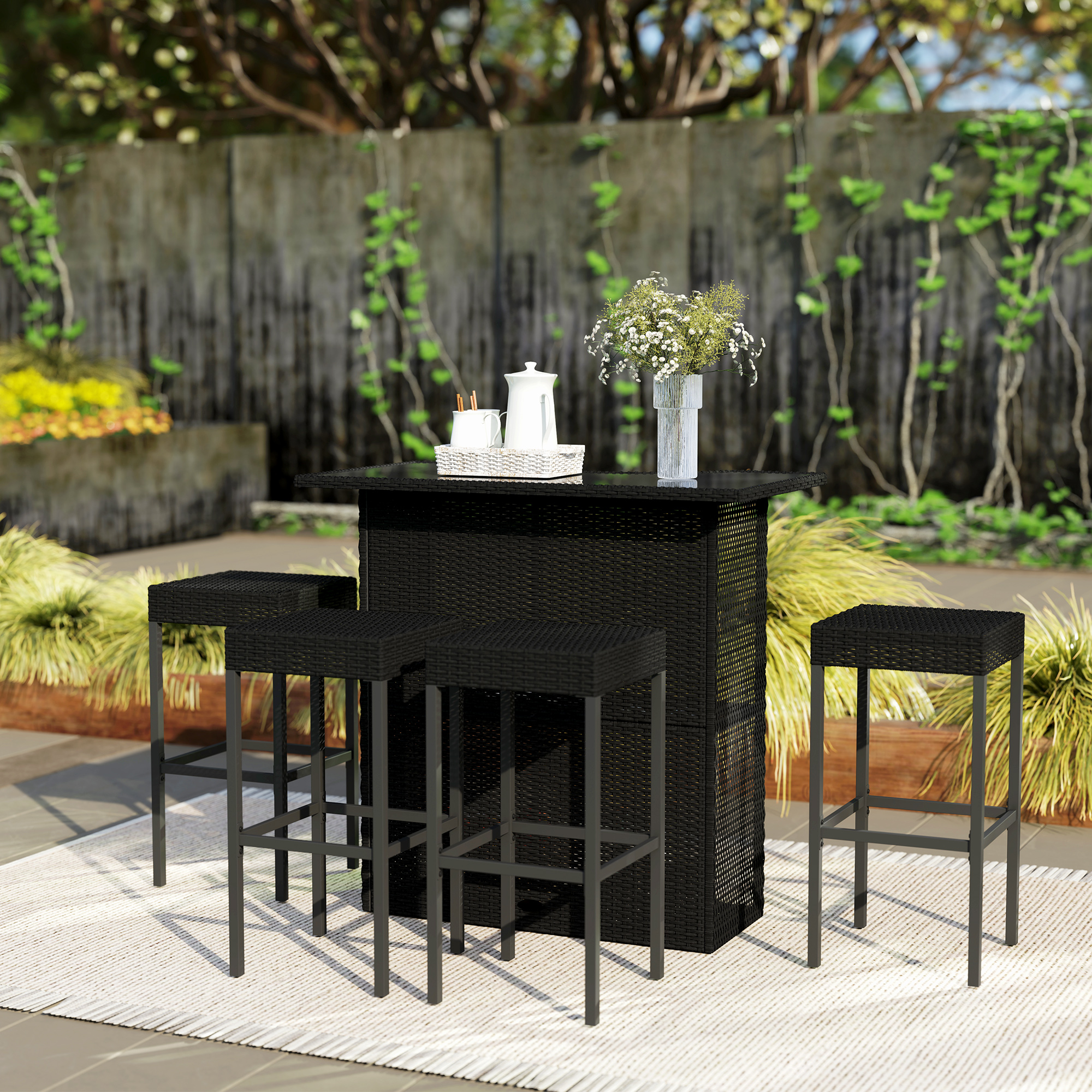 5 Pieces Patio Bar Set, Outdoor PE Rattan Wicker High Top Outdoor Table and Chairs Outdoor Bar Set with Tempered Glass Top Bar Table and Shelves, 4 Bar Chairs, Black - Image 6