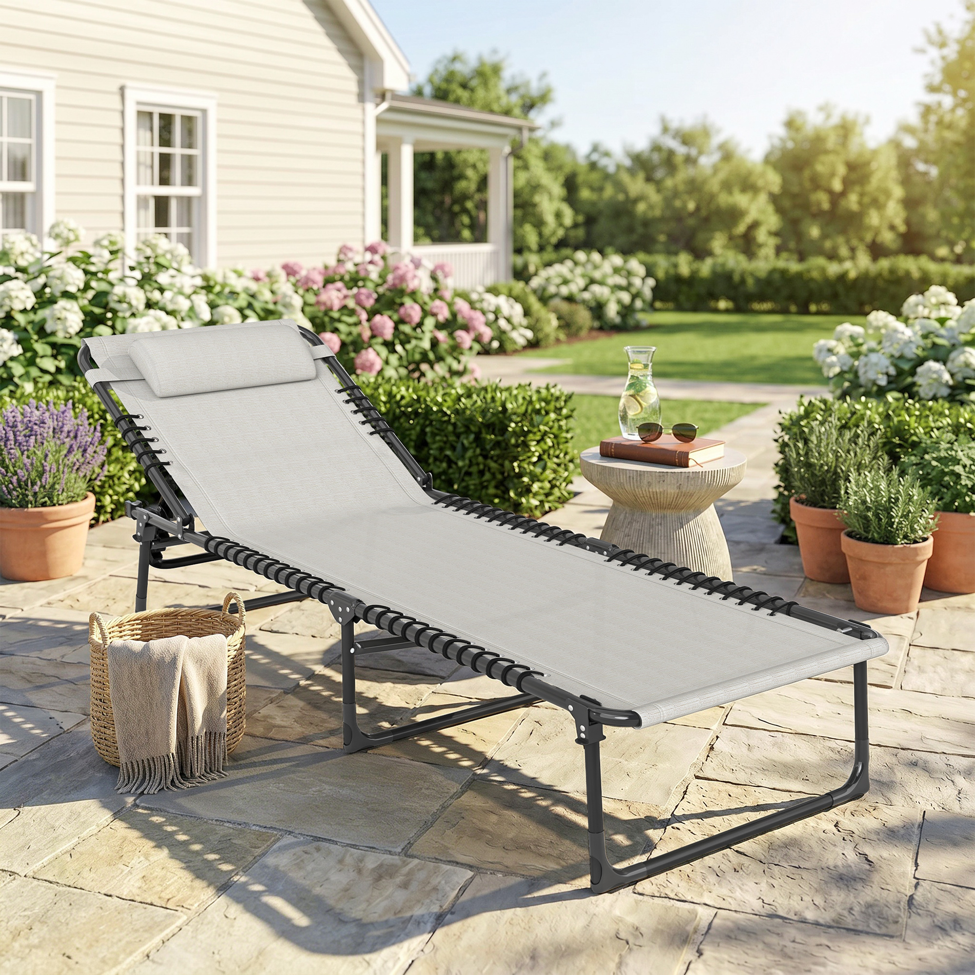 Outdoor Folding Lounge Chair, 4-Level Adjustable Chaise Lounge with Headrest, Tanning Chair Beach Bed, Reclining Lounger Cot for Camping, Hiking, Backyard, Cream - Image 6