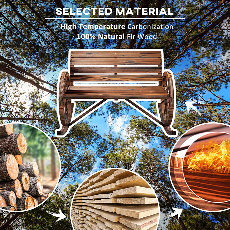 Rocking Outdoor Bench, Wood Outdoor Loveseat with Wagon Wheel Armrests, Carbonized - Image 3