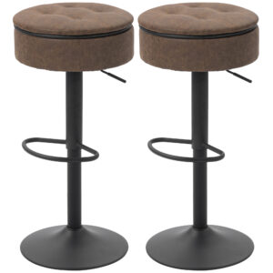Set of 2 Barstools with Storage, Swivel Bar Stools with PU Leather Upholstered, Footrest, Steel Base, Brown