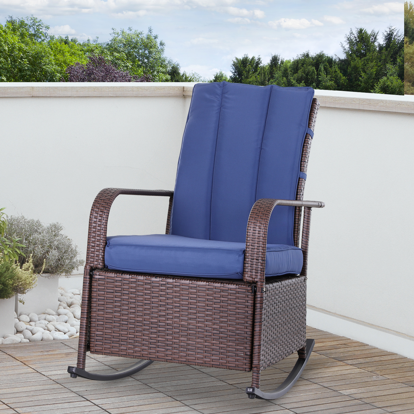Outdoor Wicker Rocking Chair with Cushion, Patio PE Rattan Recliner Chair with Adjustable Footrest, Armrests, Dark Blue - Image 6