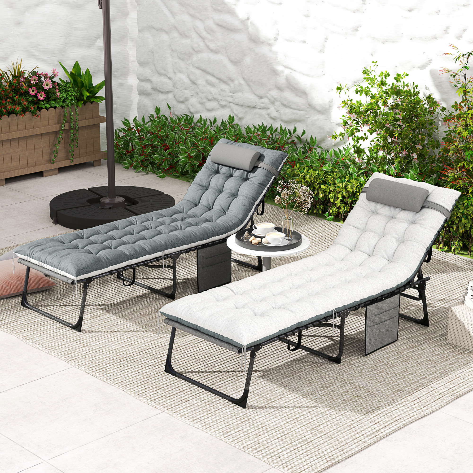 Outdoor Lounge Chair Set of 2, Folding Chaise Lounge Tanning Chair with Cushion, Side Pocket, Grey - Image 6