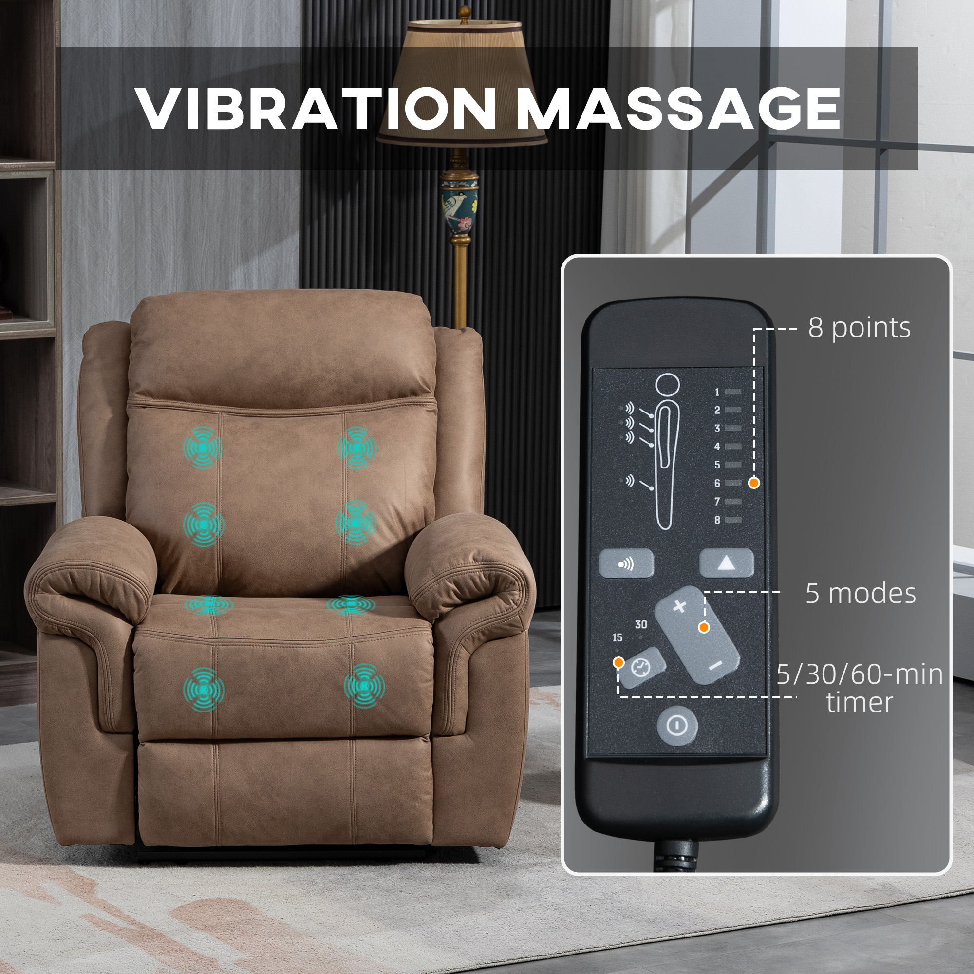 Manual Recliner Chair with Vibration Massage, Side Pockets, Microfibre Reclining Chair Nursing Chair for Living Room, Brown - Image 2