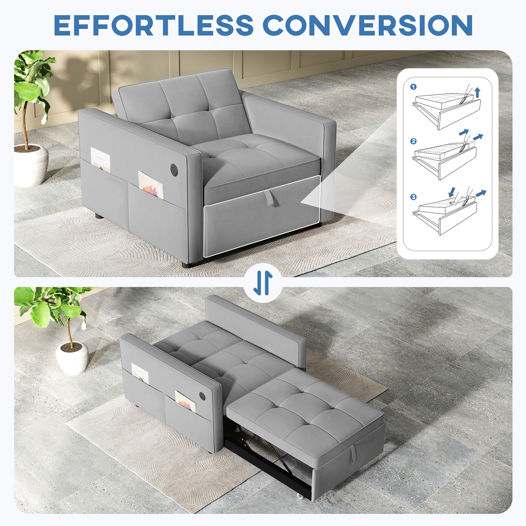 Convertible Chair Bed, Pull Out Sleeper Chair with USB, Adjustable Backrest, Small Velvet Futon Sofa Bed, Grey - Image 2