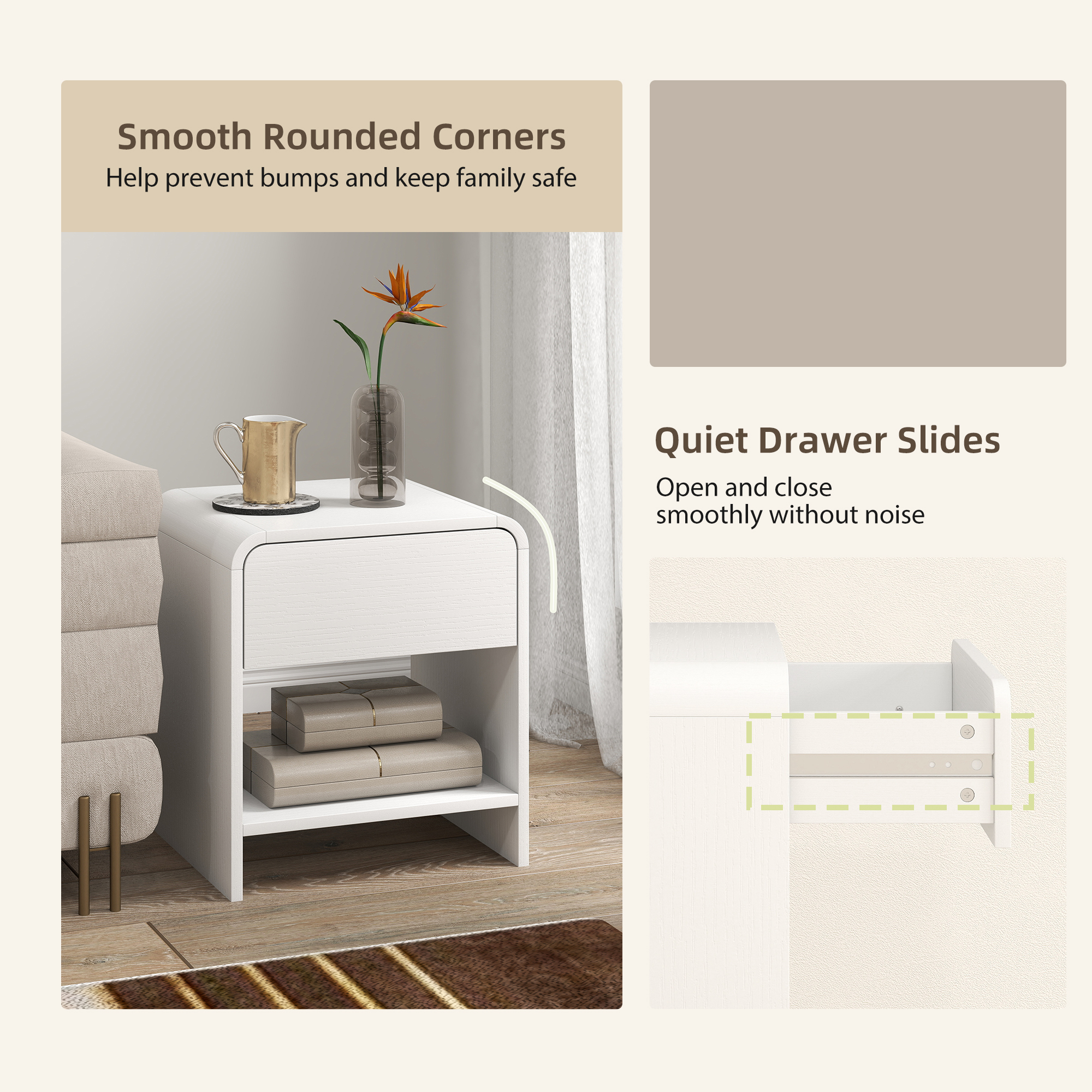 Nightstand Set of 2, Modern Bedside Table with Rounded Corners, Nightstand with Drawer and Open Shelf, Distressed White - Image 4