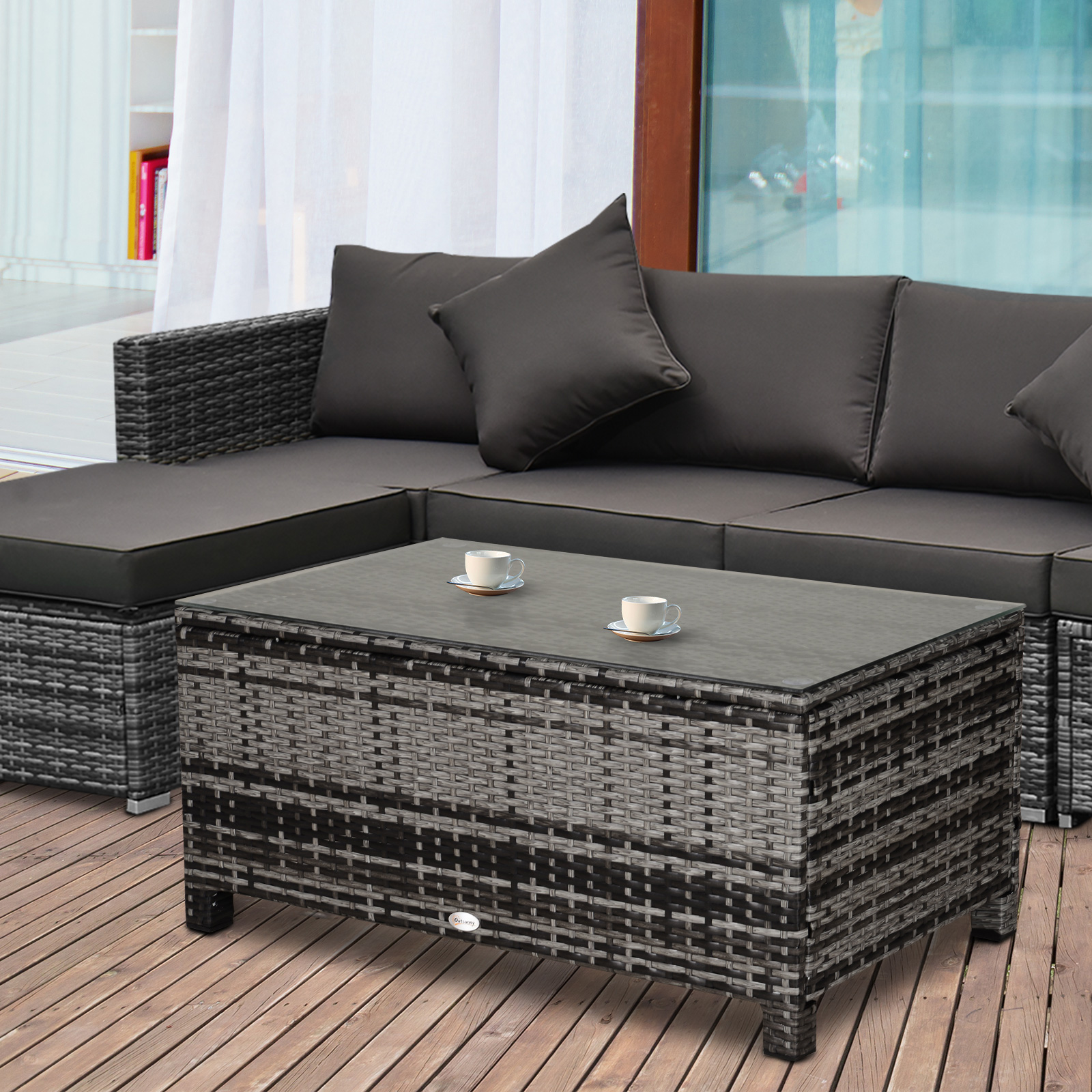 Outdoor PE Rattan Wicker Table, Patio Garden Side Table w/Glass Top for Patio, Balcony, Mixed Grey - Image 5