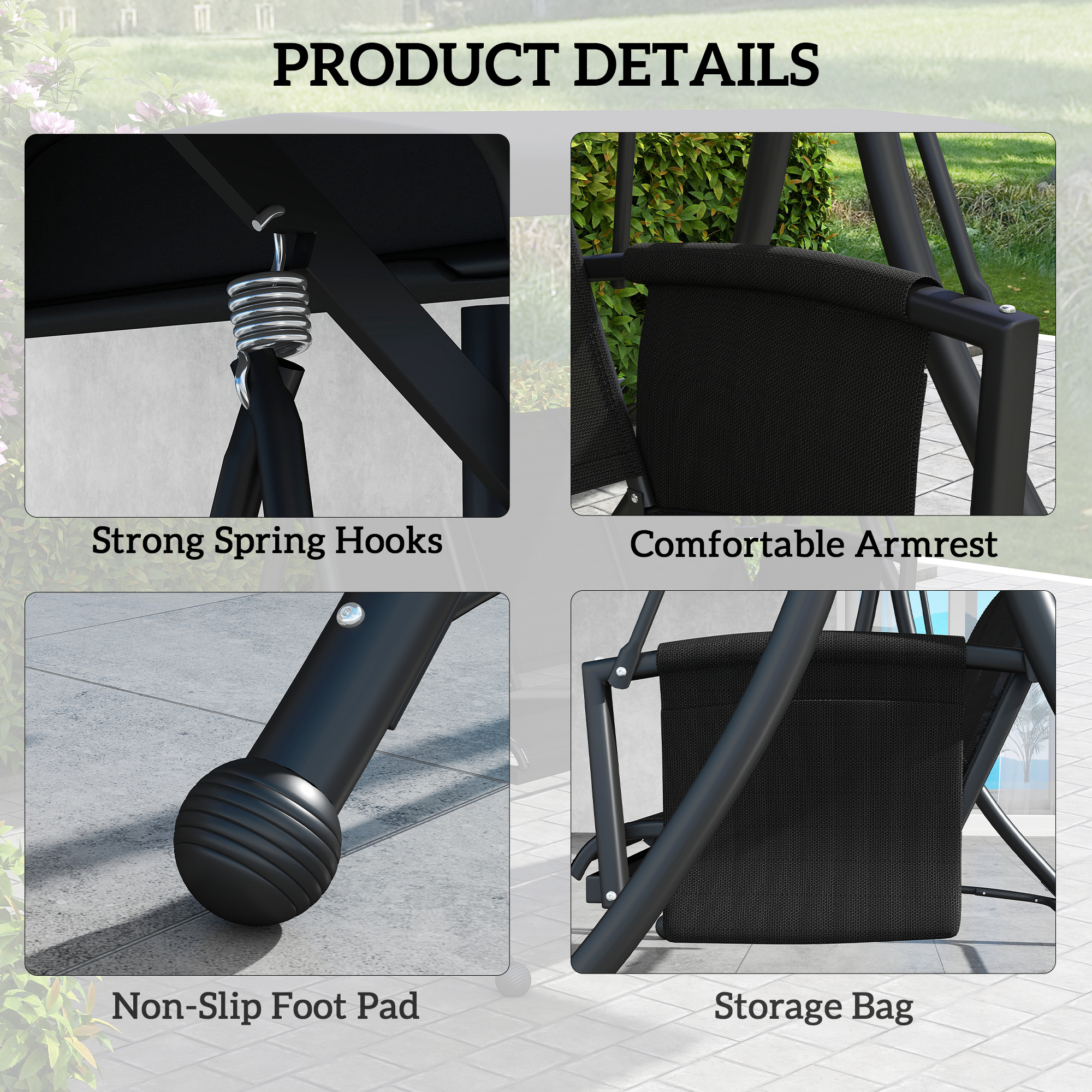 3 Person Outdoor Porch Swing Chair with Adjustable Canopy, Black - Image 4