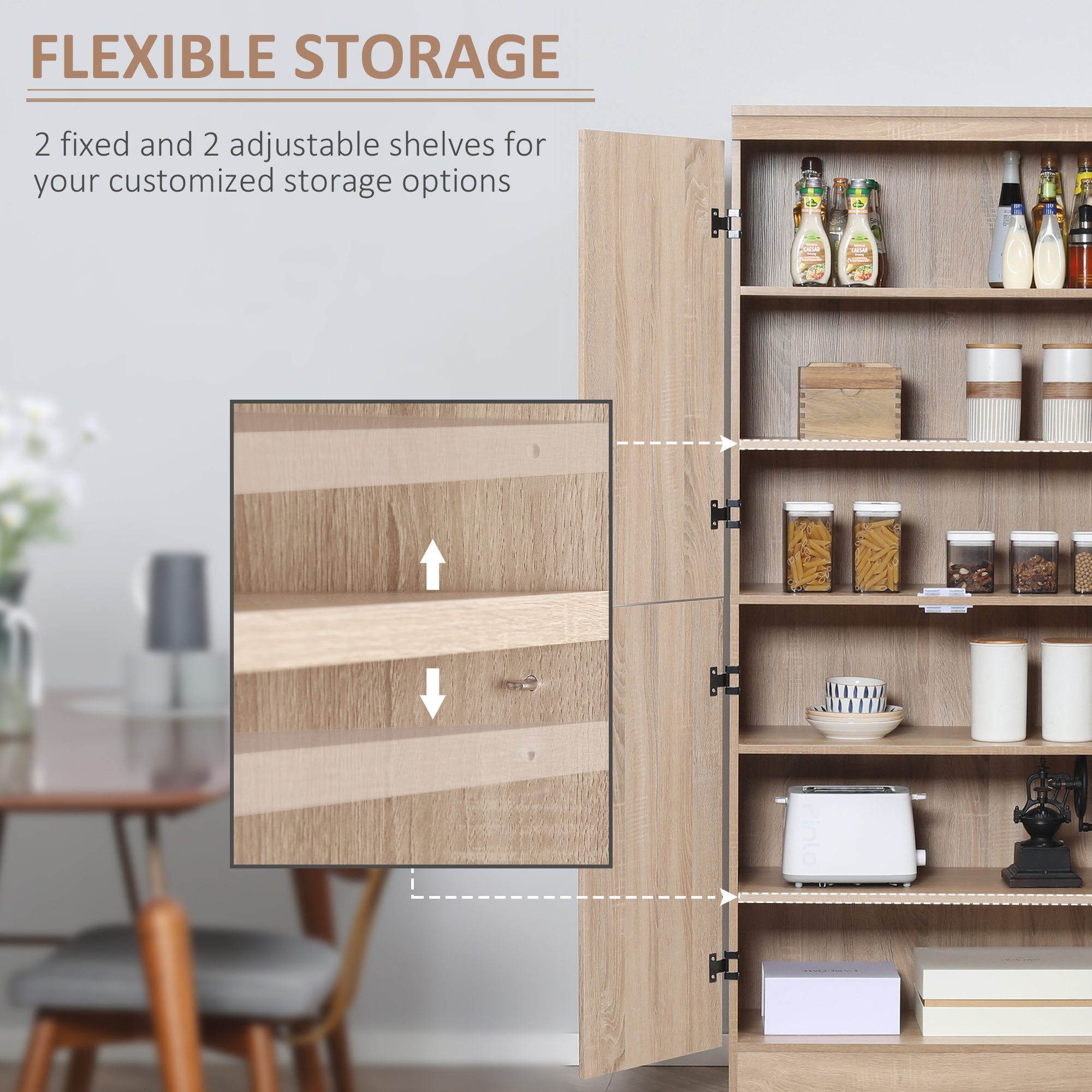 70" 4-Door Storage Cabinet, Freestanding Pantry Cabinet with Adjustable Shelves for Living Room, Natural - Image 3