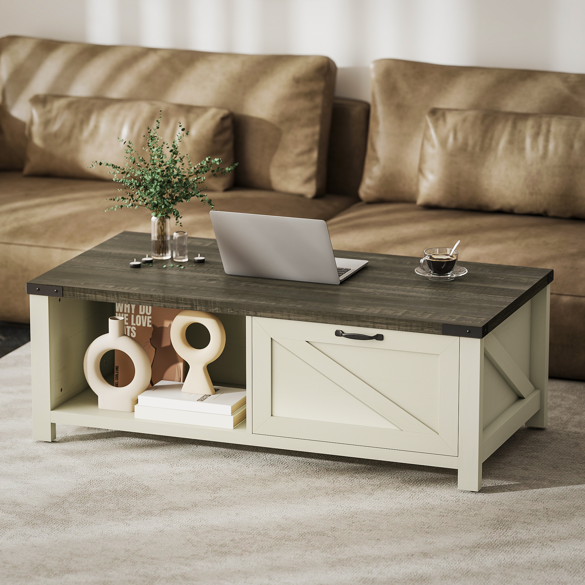 Farmhouse Coffee Table with Drawer, Open Storage Shelf for Living Room, Dining Room, Office, Distressed White - Image 6