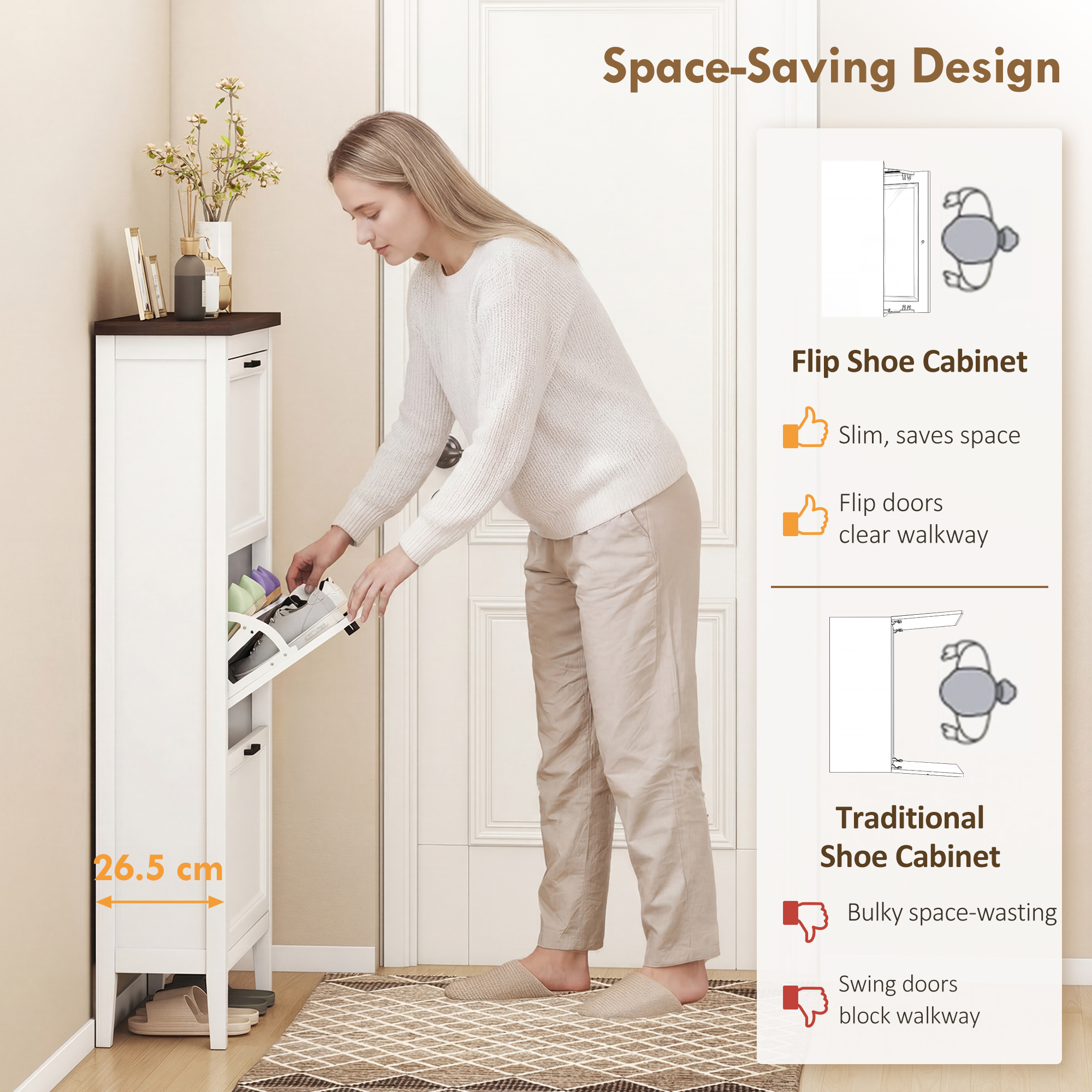 Shoe Cabinet with 3 Flip Drawers, Farmhouse Narrow Shoe Storage Cabinet with Adjustable Shelves, White - Image 2