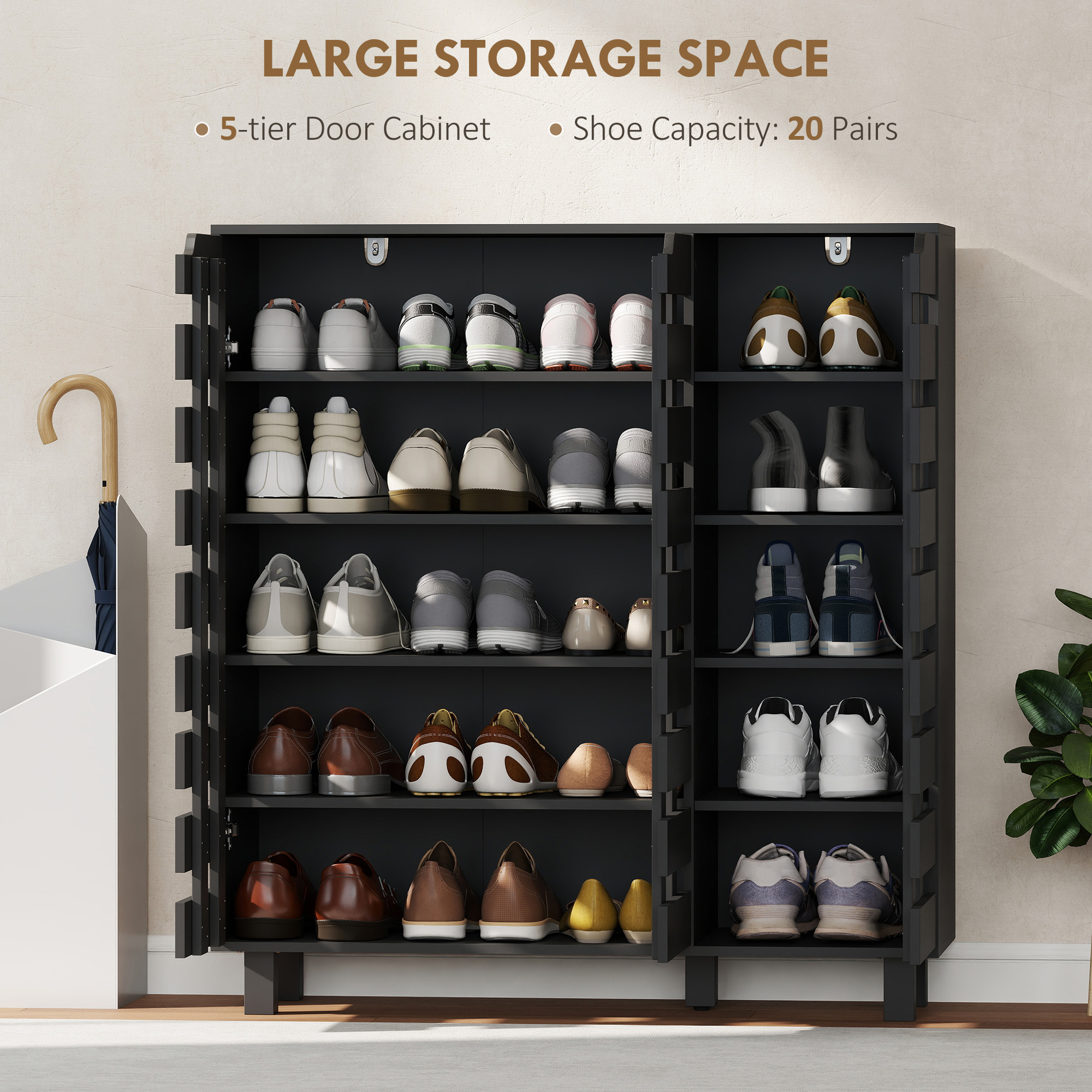 Shoe Cabinet, 20 Pair Shoe Storage Cabinet with Hollowed-Out Doors, Black - Image 2