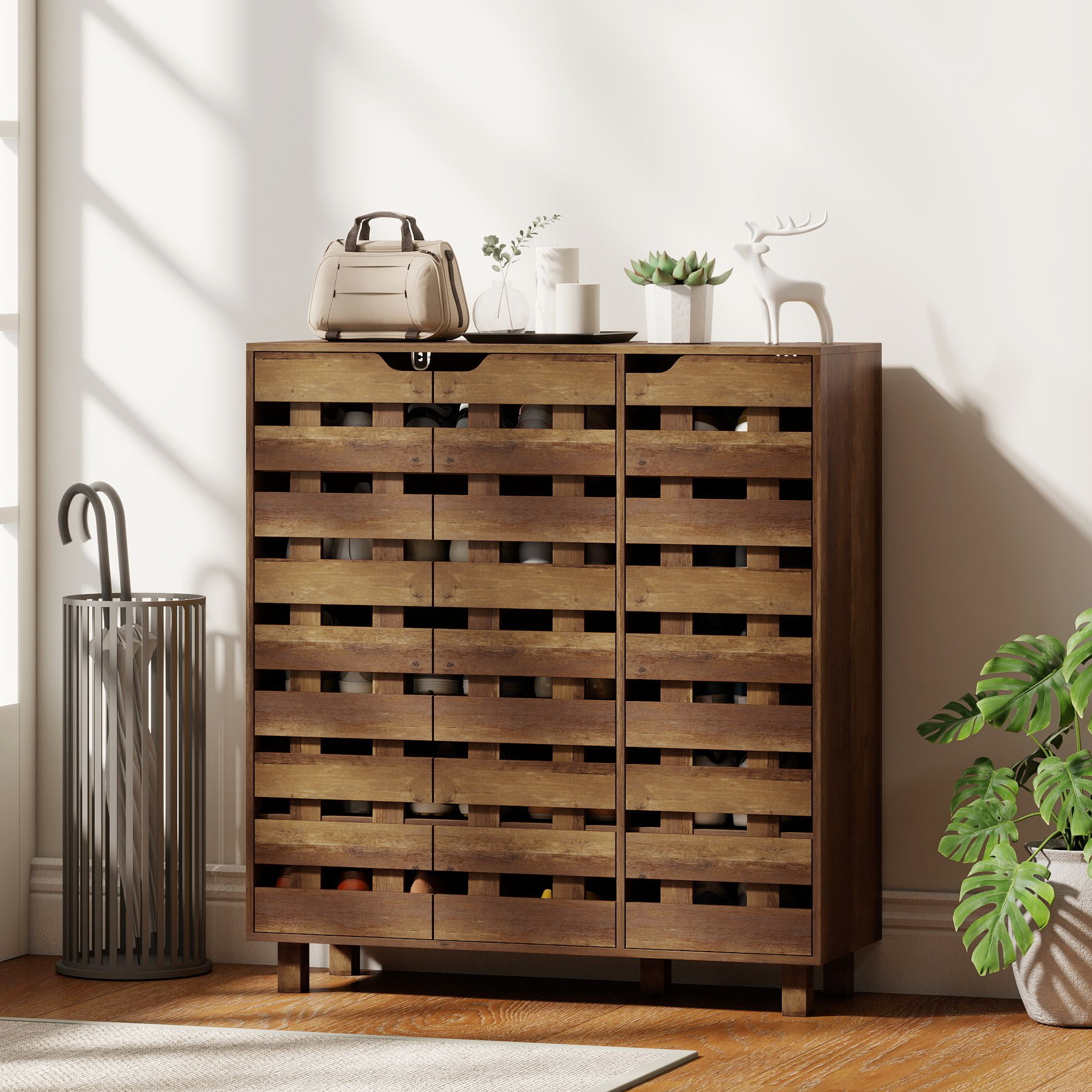 Shoe Cabinet, 20 Pair Shoe Storage Cabinet with Hollowed-Out Doors, Distressed Brown - Image 6