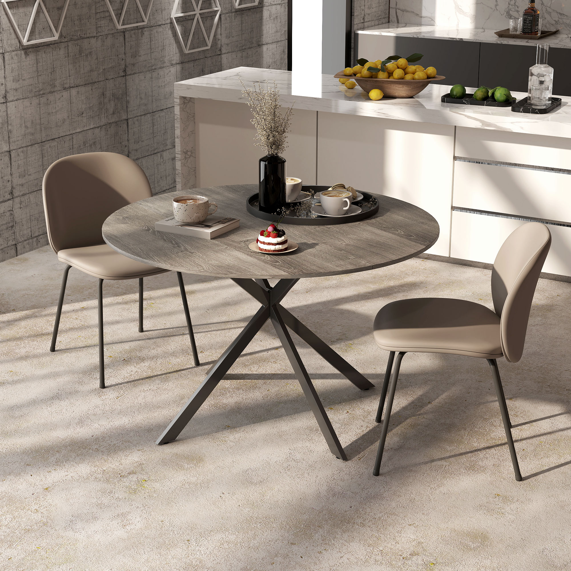 47" Round Kitchen Table for 4, Industrial Dining Table with Steel Legs for Dining Room, Grey Wood Grain and Black - Image 5