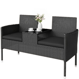 Patio Furniture w/ Mid-Table PE Rattan Loveseat w/ Cushion, Black
