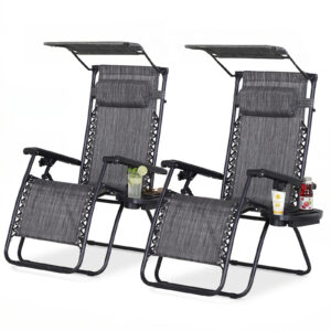 Zero Gravity Chair Set of 2 with Canopy Shade, Outdoor Folding Lounge Chair with Side Tray, Cup Holder, Reclining Lounger with Breathable Mesh Seat and Pillow, Dark Grey
