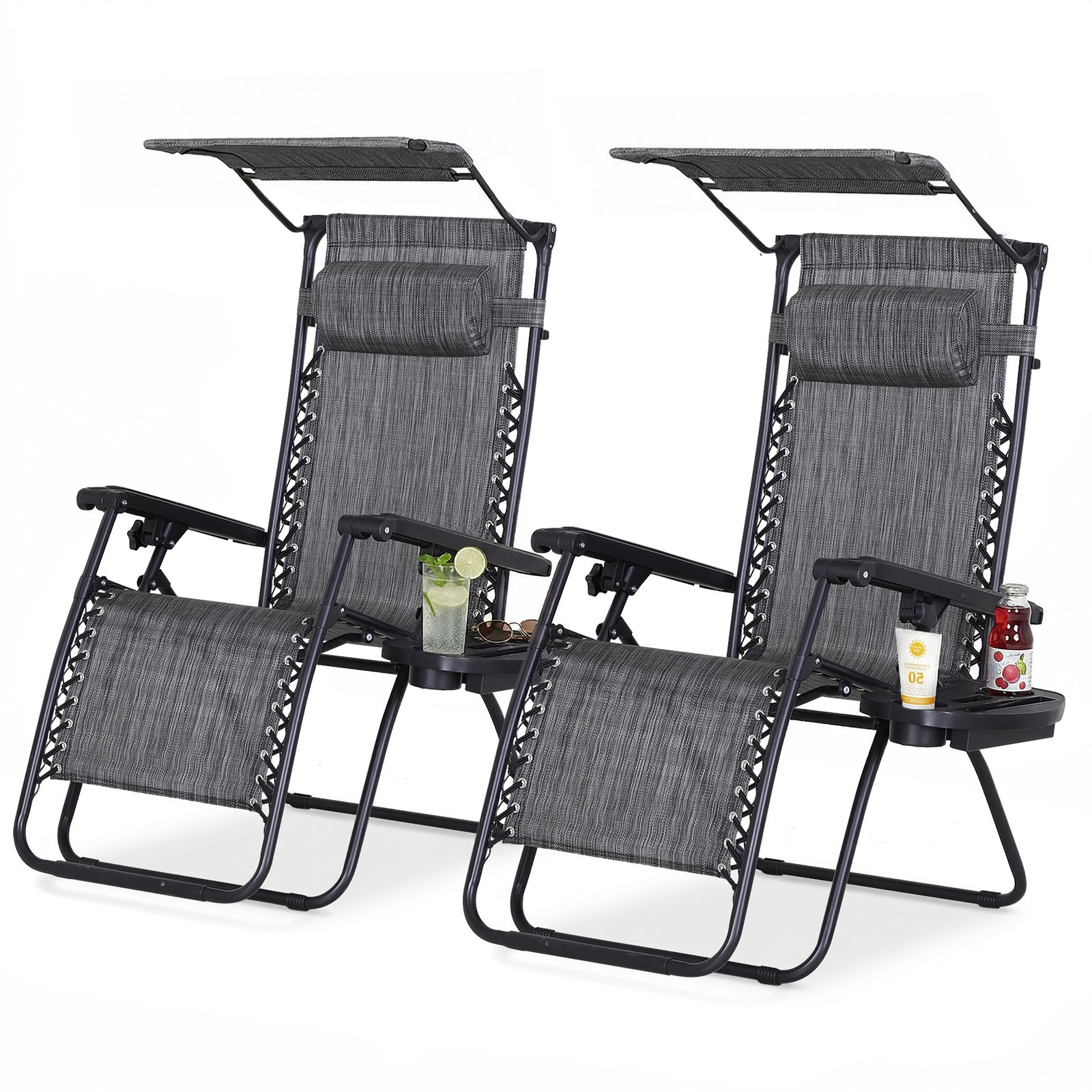 Zero Gravity Chair Set of 2 with Canopy Shade, Outdoor Folding Lounge Chair with Side Tray, Cup Holder, Reclining Lounger with Breathable Mesh Seat and Pillow, Dark Grey