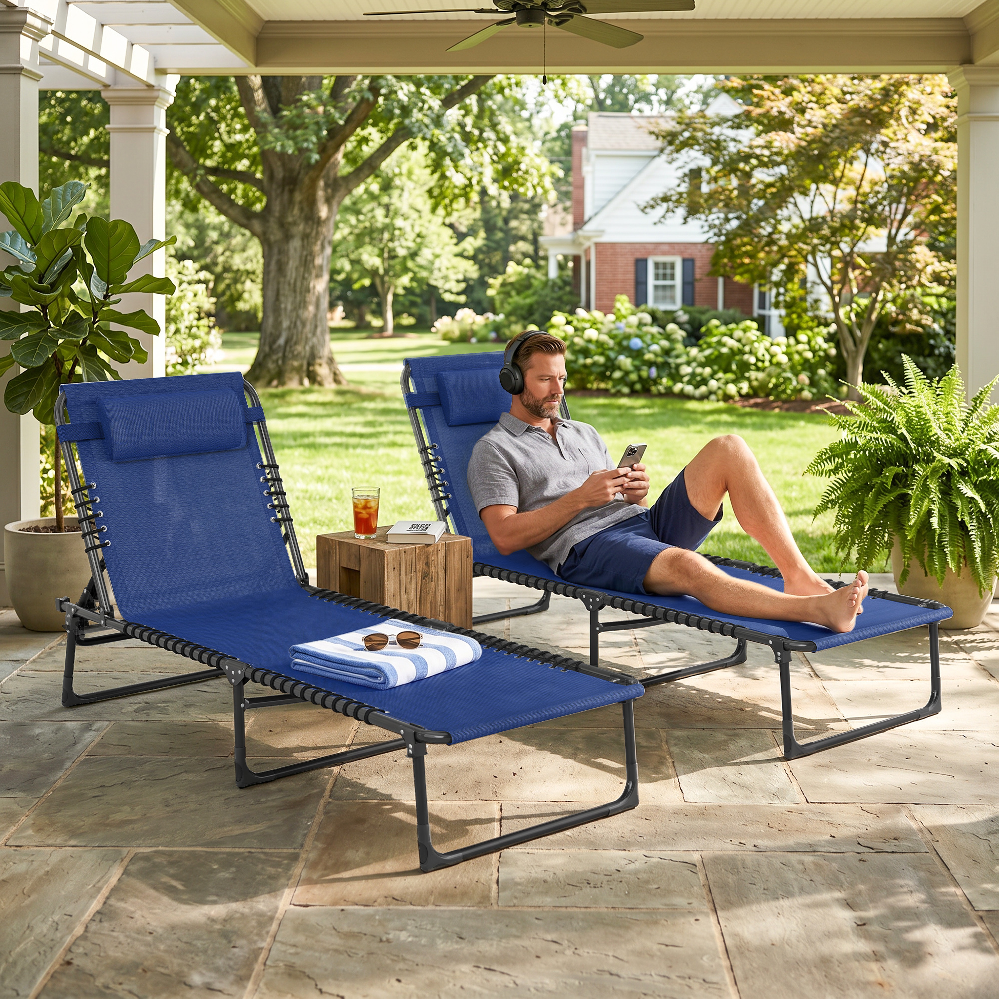 2 PCs Folding Lounge Chairs, Adjustable Chaise Lounge with Headrest, Reclining Lounger Cot for Camping, Hiking, Blue - Image 5