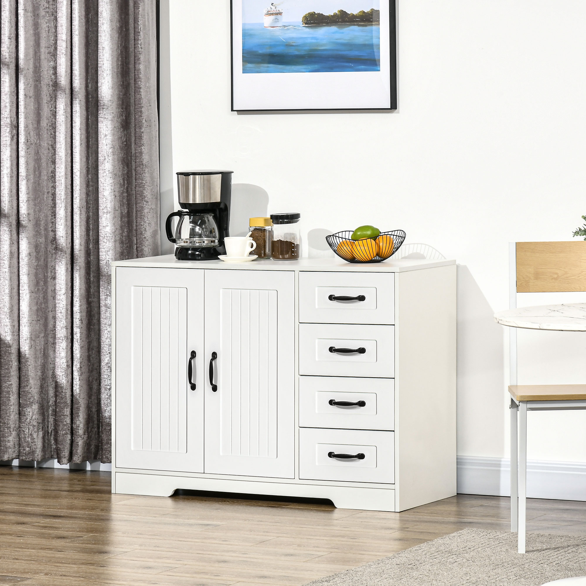 Modern Sideboard Buffet Cabinet with Drawers and Beadboard Door Cupboard Kitchen Storage Cabinet White - Image 6