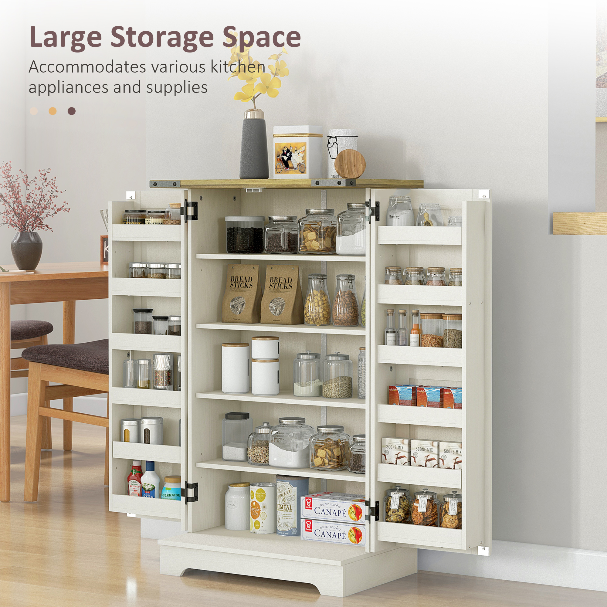 Farmhouse Kitchen Pantry Storage Cabinet, Kitchen Pantry Cabinet with Doors and Adjustable Shelves, Cream White - Image 2