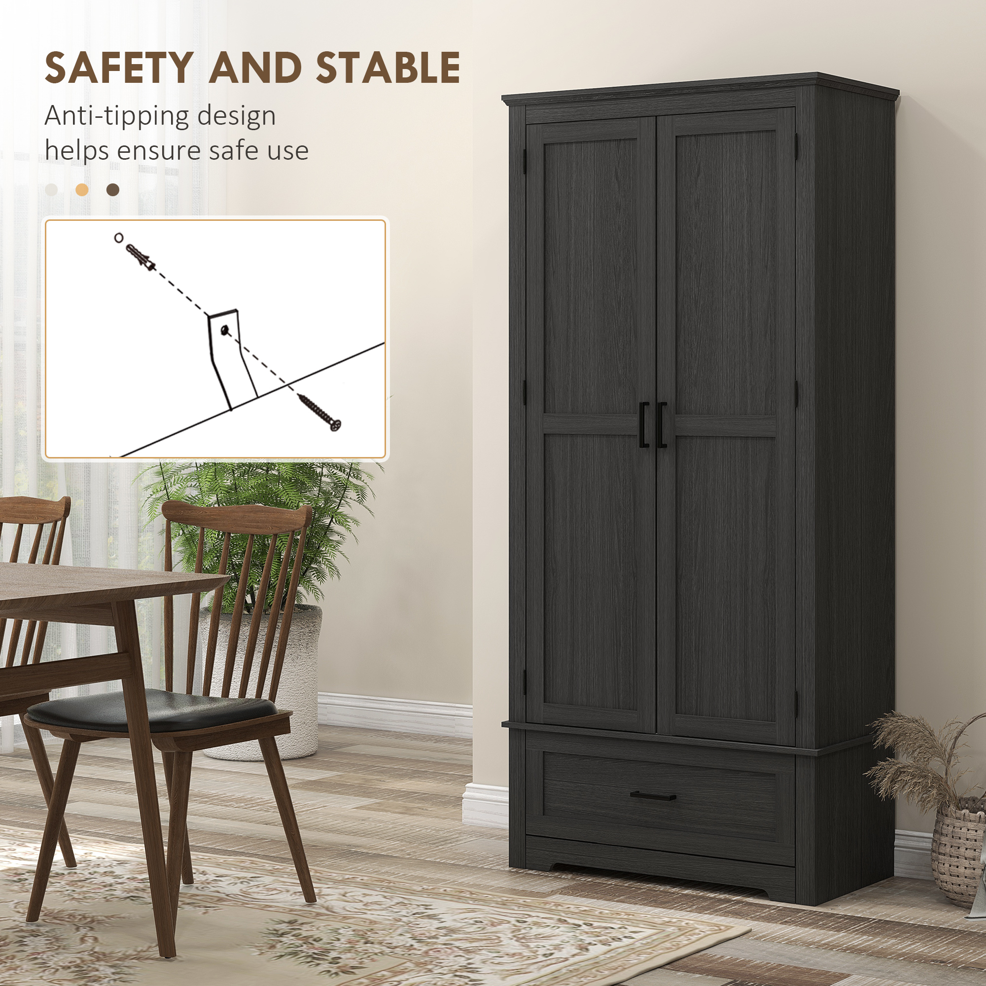 69" Tall Farmhouse Kitchen Pantry Cabinet with 2 Doors, Drawer and Adjustable Shelves, Black Wood Grain - Image 4