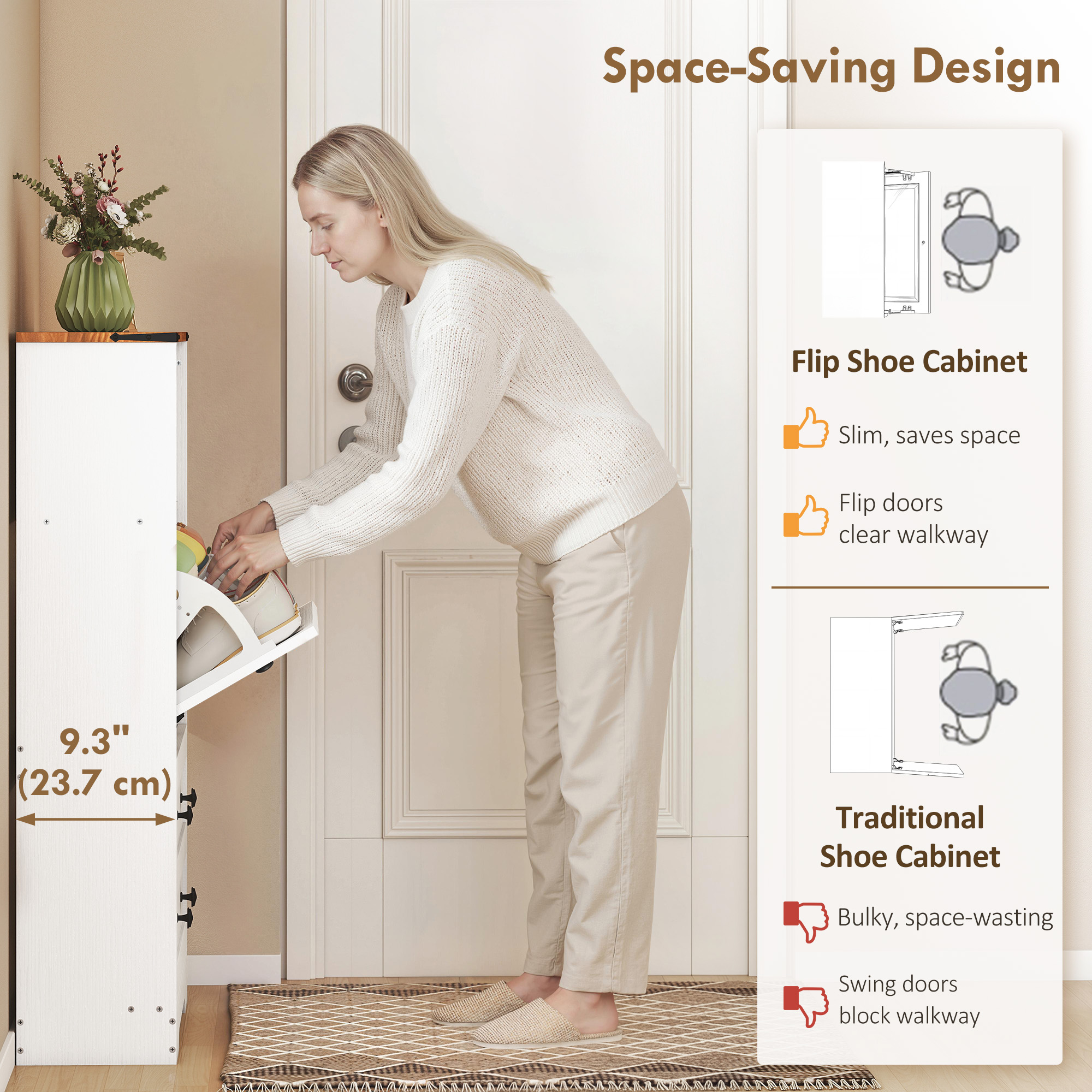 Shoe Cabinet with 2 Flip Drawers, Narrow Shoe Storage Cabinet, White - Image 2