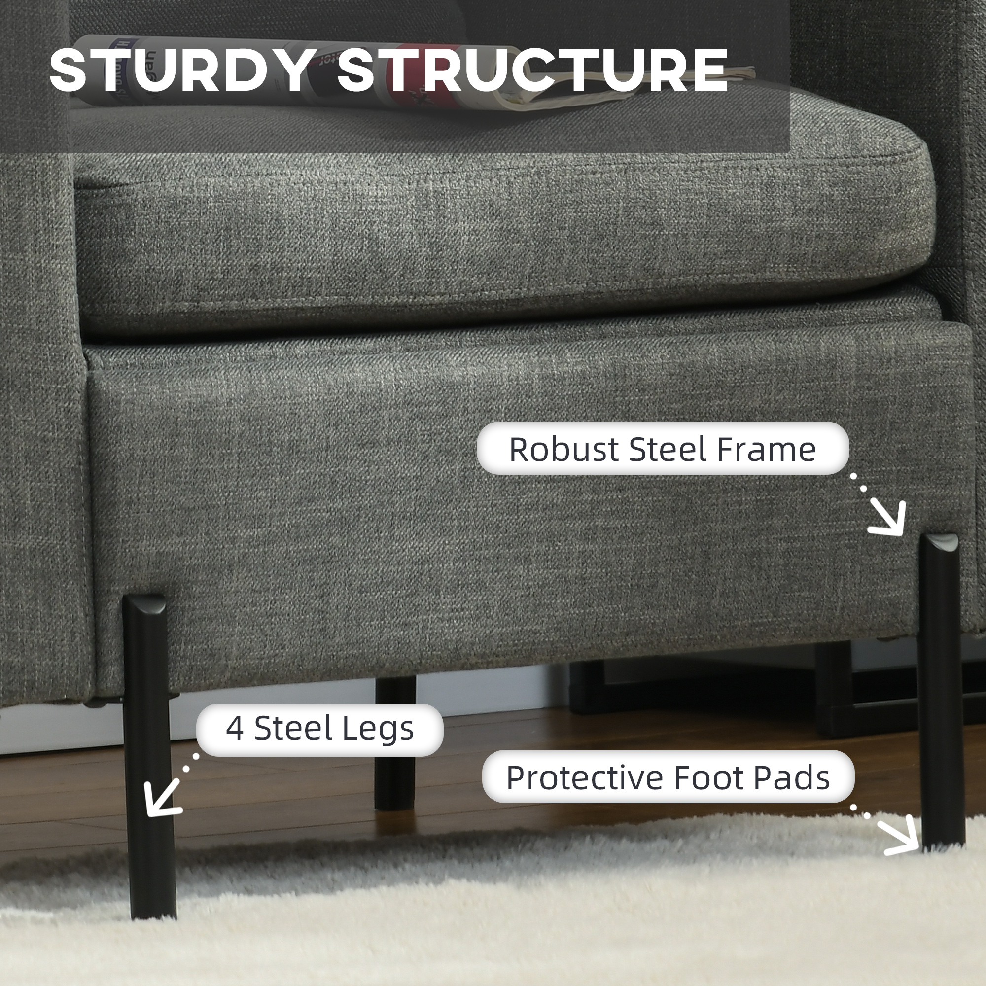 Armchair, Fabric Accent Chair, Modern Living Room Chair with Metal Legs, 2 Side Pockets for Bedroom, Grey - Image 3