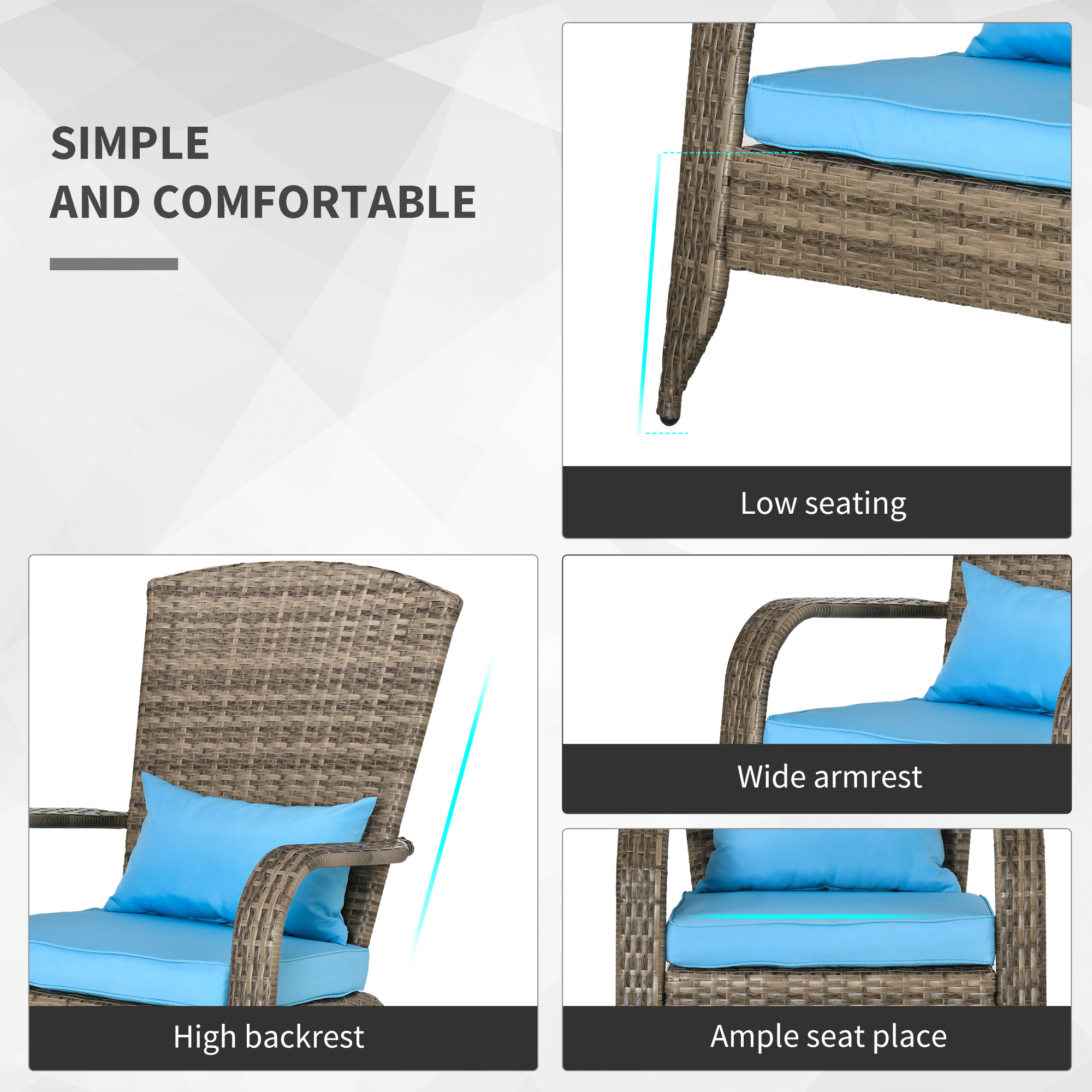 Patio Wicker Adirondack Chair, Outdoor PE Rattan Fire Pit Chair, Muskoka Chair w/ Soft Cushions, Tall Curved Backrest and Comfortable Armrests for Deck Garden, Blue - Image 3
