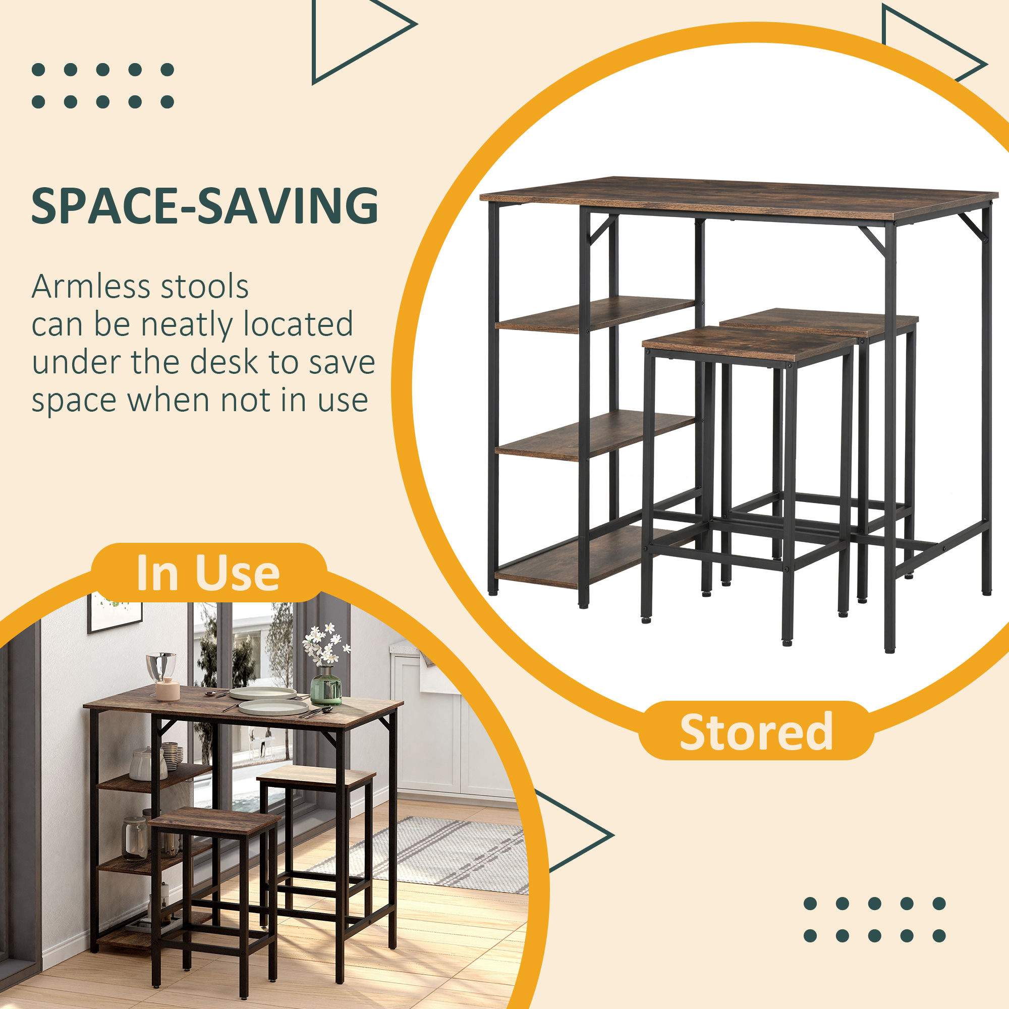 Industrial Dining Table Set for 2, Bar Table and Stools Set, Counter Height Kitchen Table with Chairs with Storage Shelf, Rustic Brown - Image 2