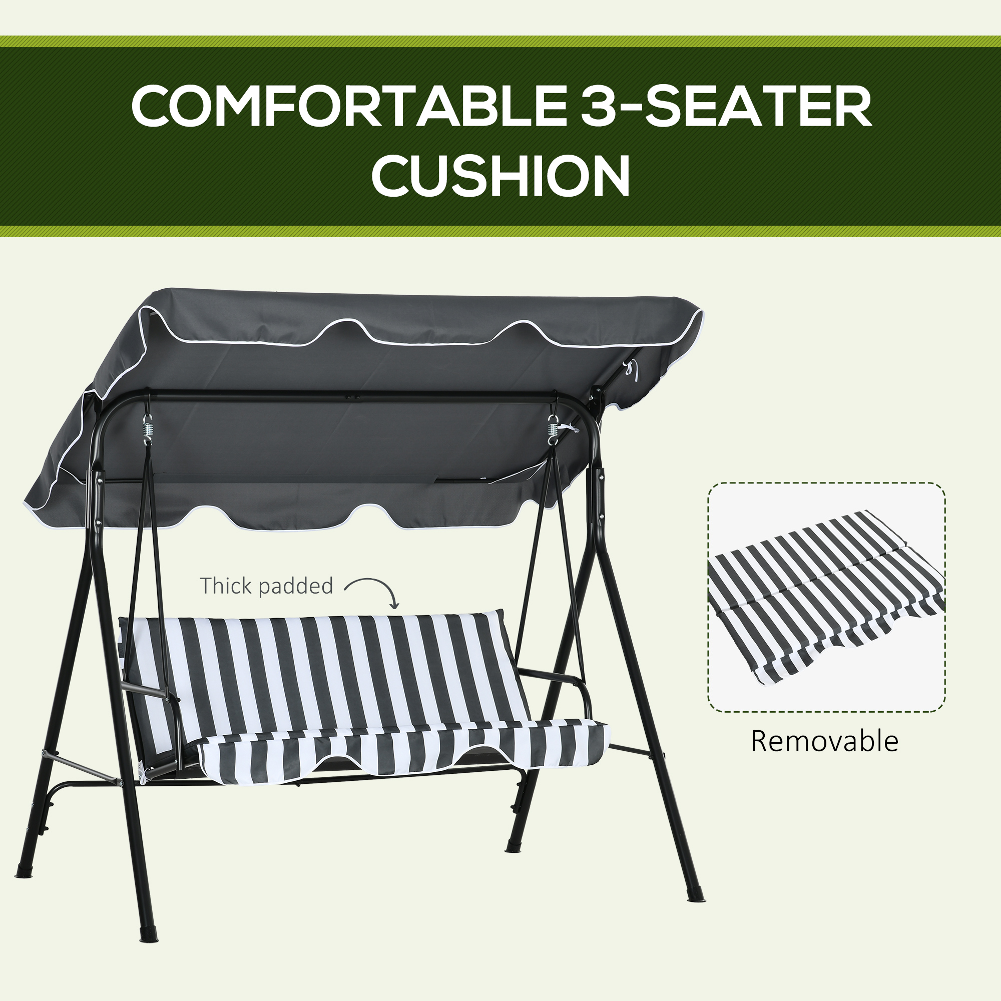 3-Seater Outdoor Porch Swing with Adjustable Canopy, Patio Swing Chair for Garden, Poolside, Backyard, Grey and White - Image 6