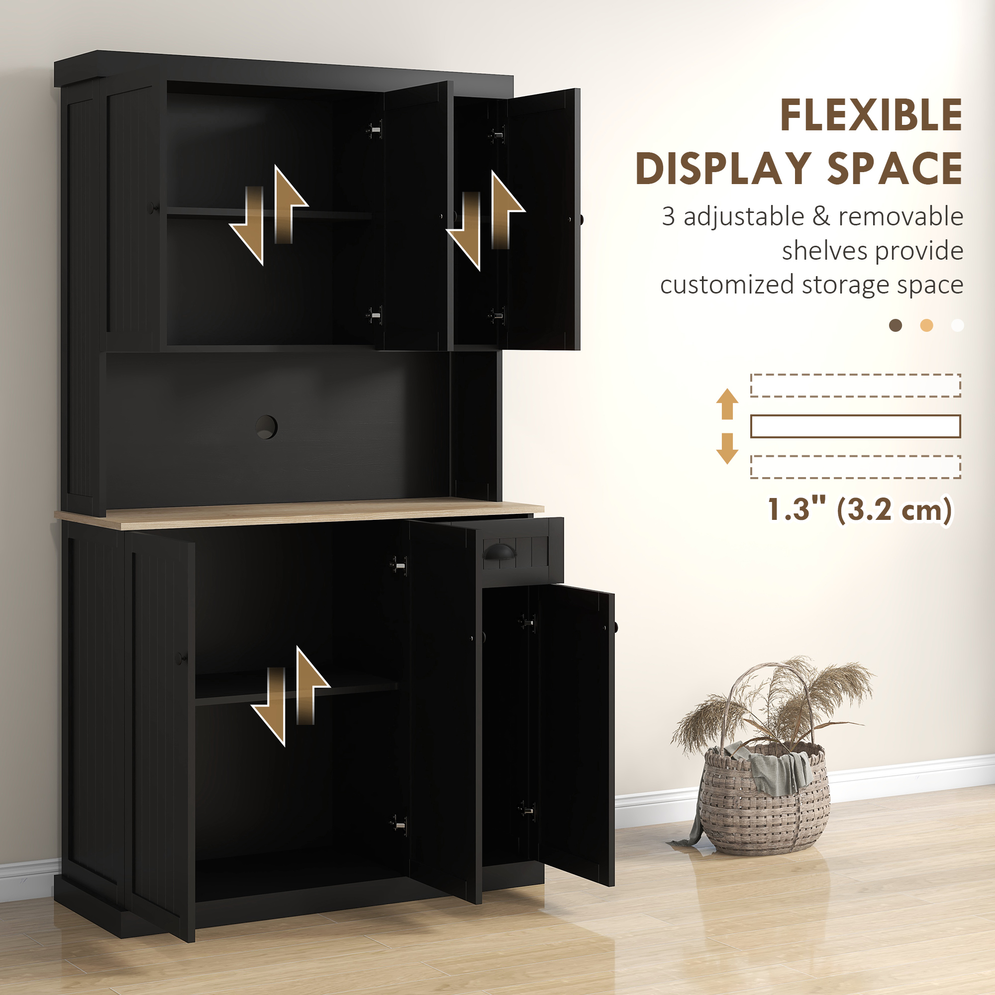71" Kitchen Pantry Buffet with Hutch Storage Cabinet Microwave Oven Stand with Drawer, Black - Image 4