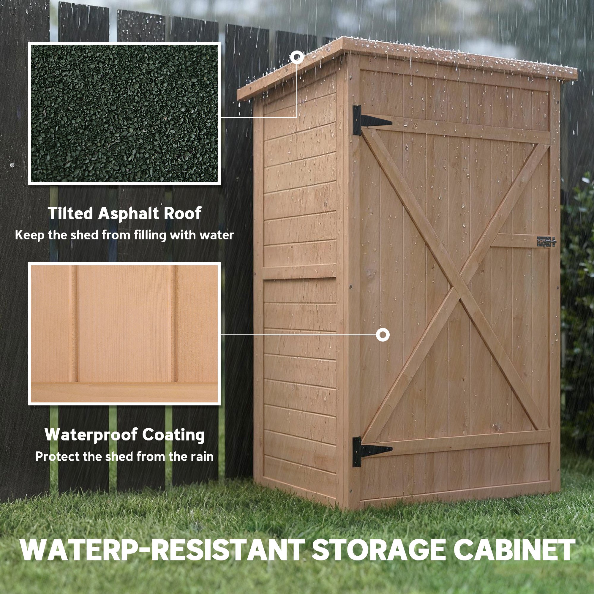 29.9"x21.7"x45.3"Garden Storage Shed with Asphalt Roof, Outdoor Storage Cabinet w/ Shelves, Natural - Image 3