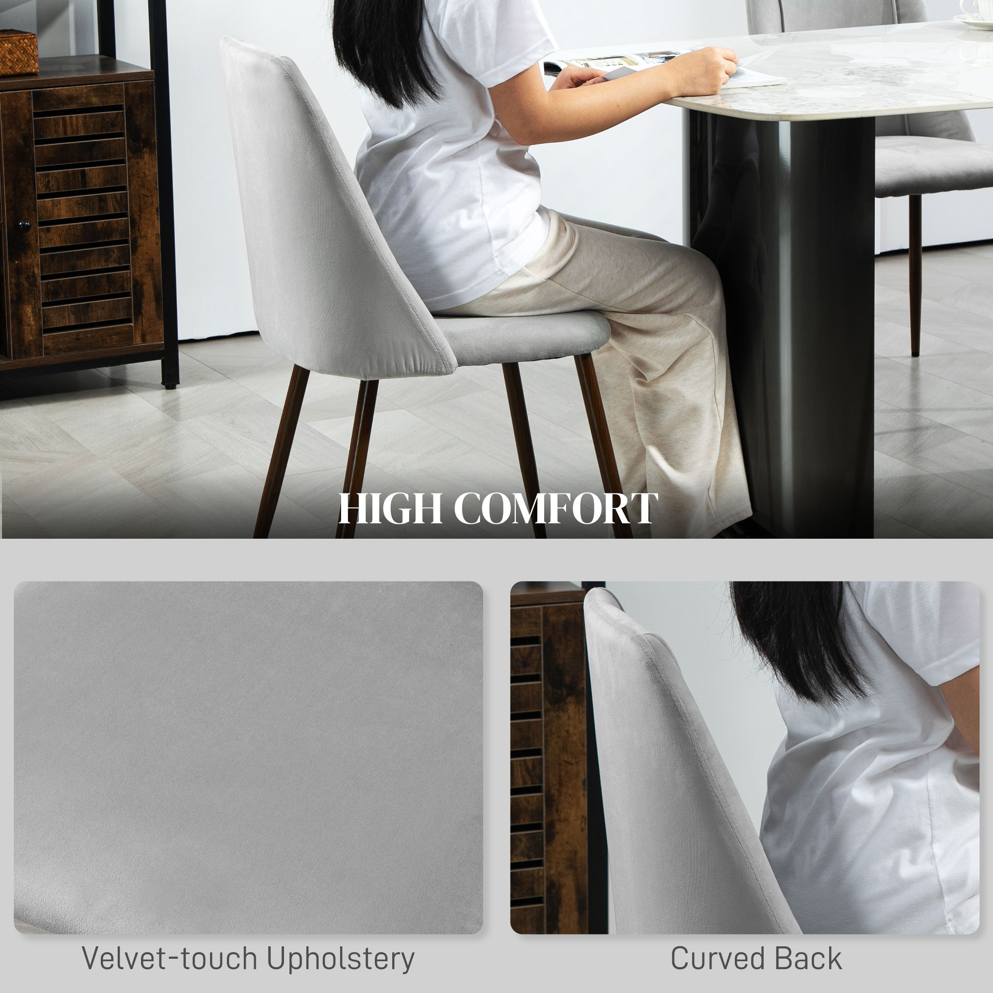 Upholstered Dining Chairs Set of 6, Velvet Accent Chair with Back and Wood-grain Steel Leg for Kitchen, Grey - Image 3