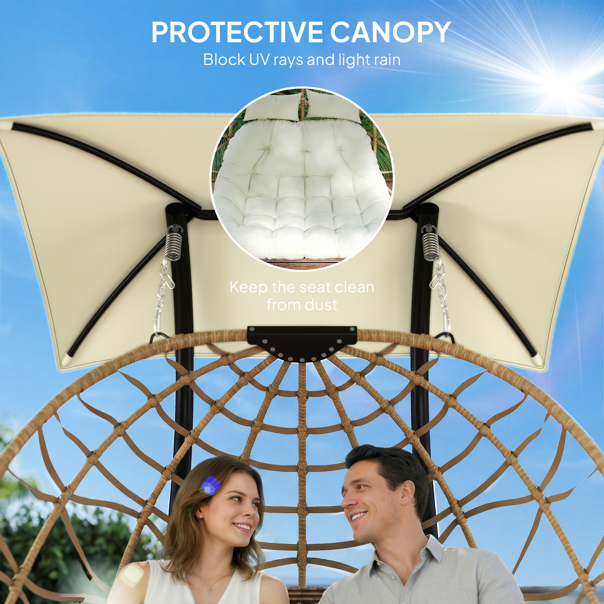Double Wicker Egg Swing Chair with Canopy, Foldable Hanging Egg Chair with Stand Cushion Headrest, Beige - Image 3