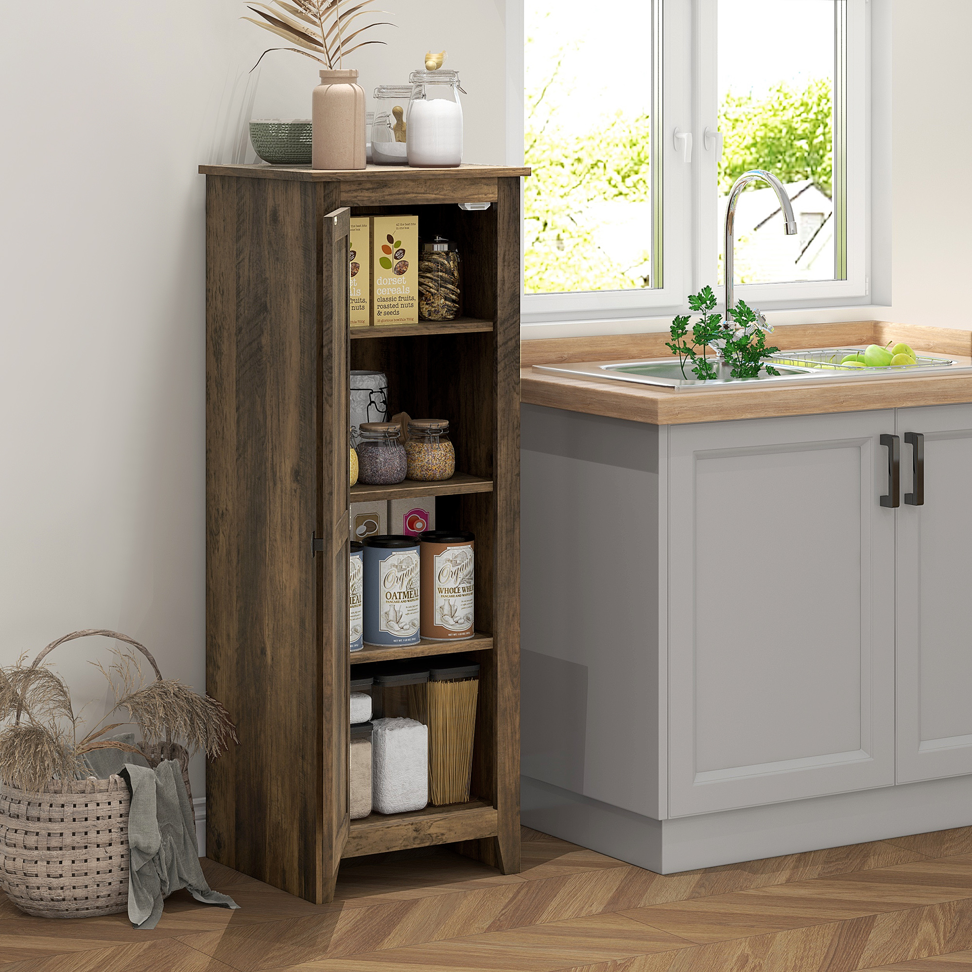 48" Farmhouse Kitchen Pantry Storage Cabinet with Barn Door, Kitchen Pantry Cabinet with Adjustable Shelves, Brown - Image 6
