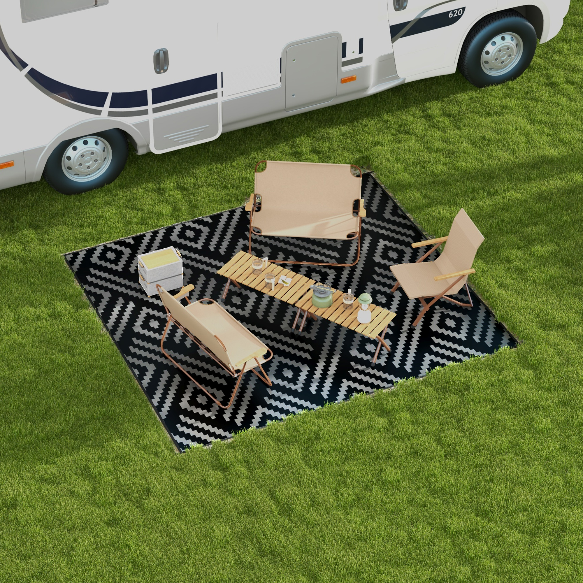 Reversible Outdoor Rug Waterproof Plastic Straw RV Rug with Carry Bag, 8' x 10', Black and Grey Geometric - Image 6