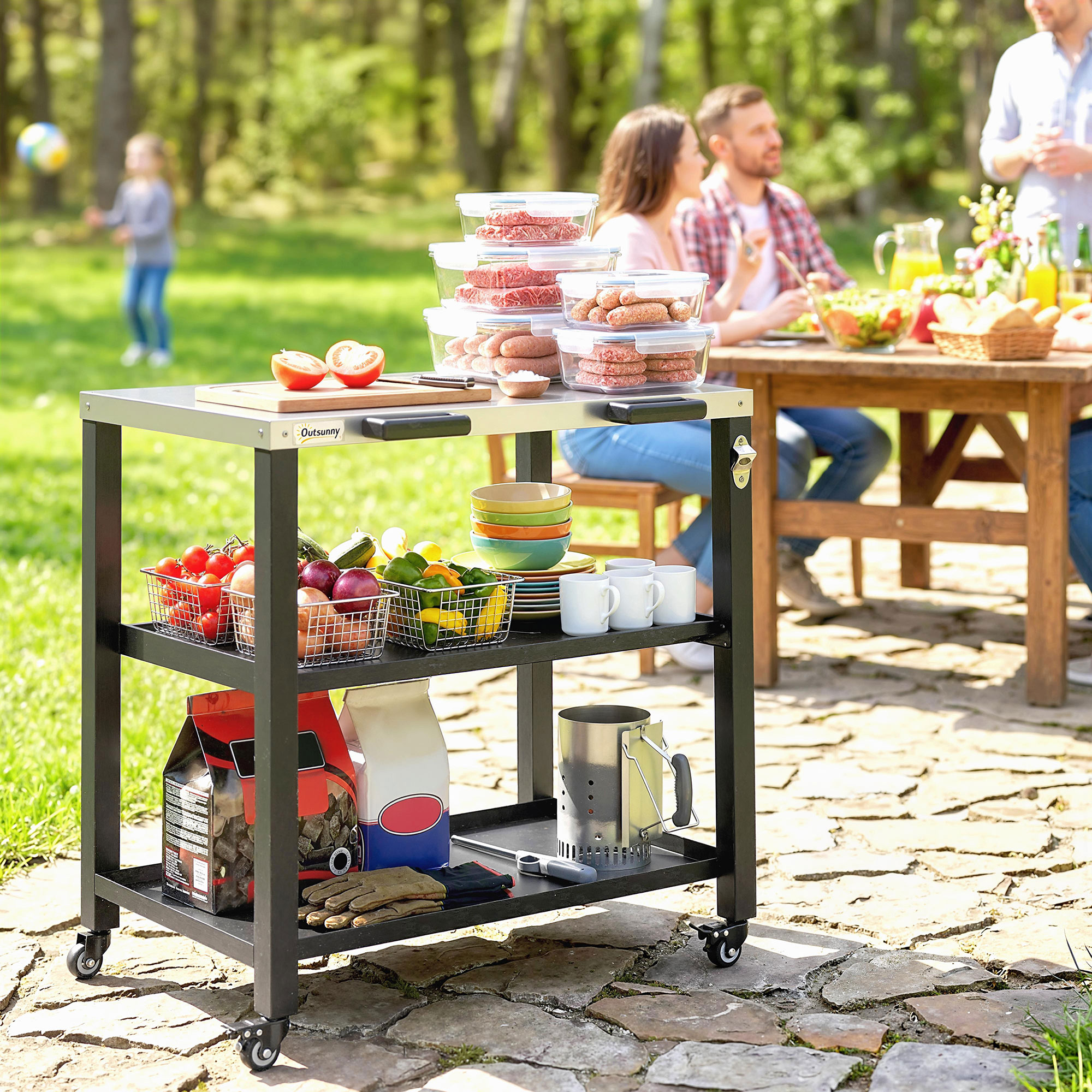 Outdoor Grill Cart with Stainless Steel Tabletop, 2 Shelves, Rolling Prep Dining Cart with Lockable Wheels - Image 6