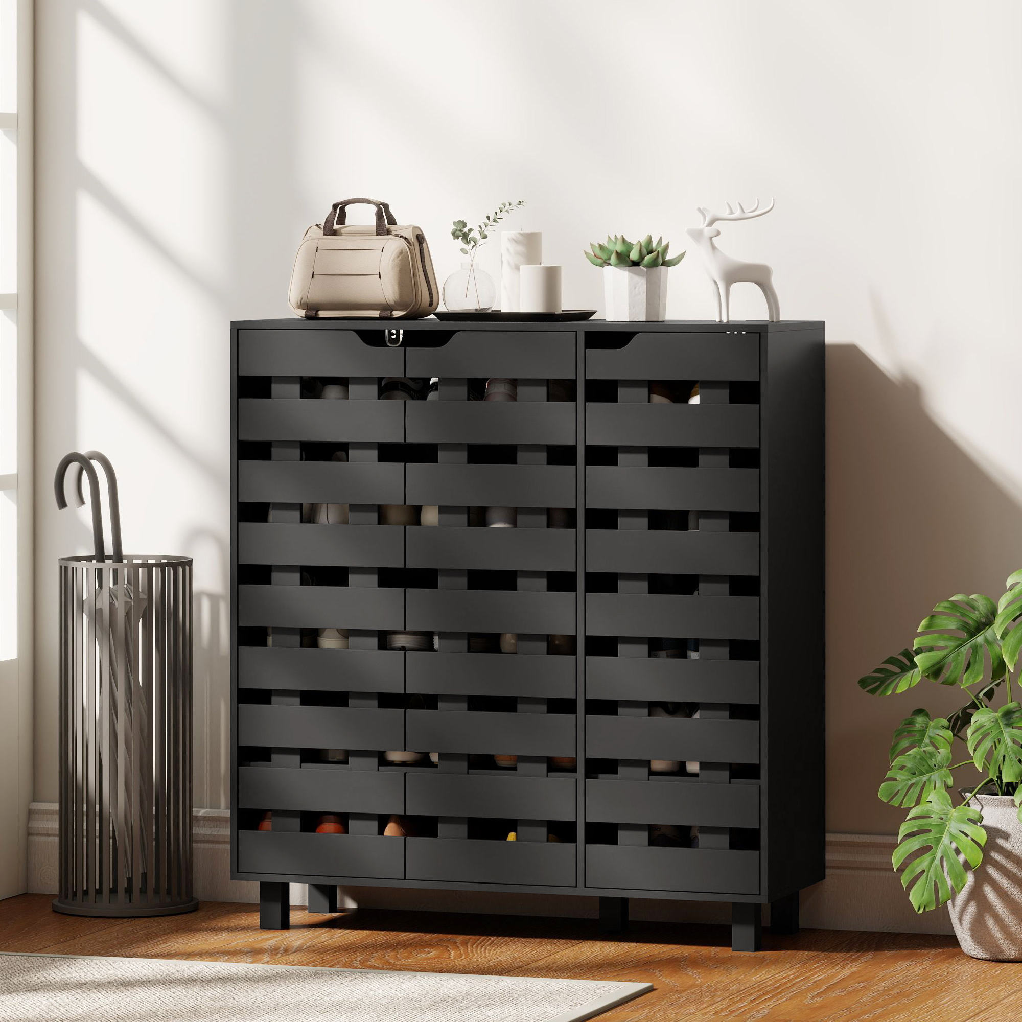 Shoe Cabinet, 20 Pair Shoe Storage Cabinet with Hollowed-Out Doors, Black - Image 6