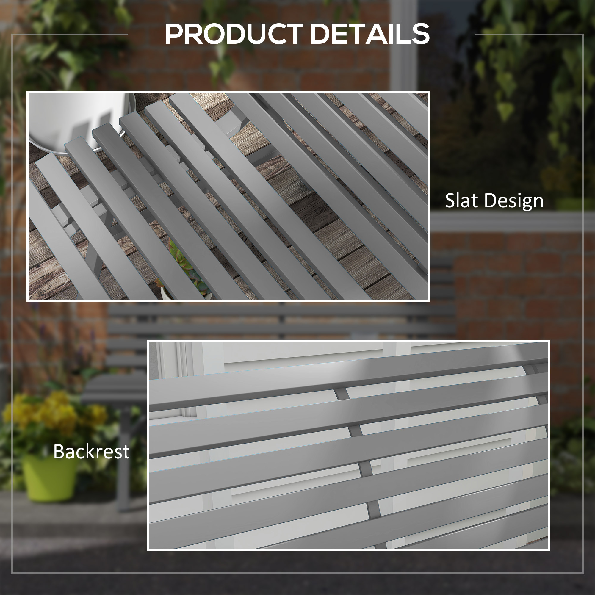 Outdoor Bench Patio Bench, Aluminum Lightweight Park Bench with Slatted Seat for Lawn, Park, Deck, Grey - Image 4