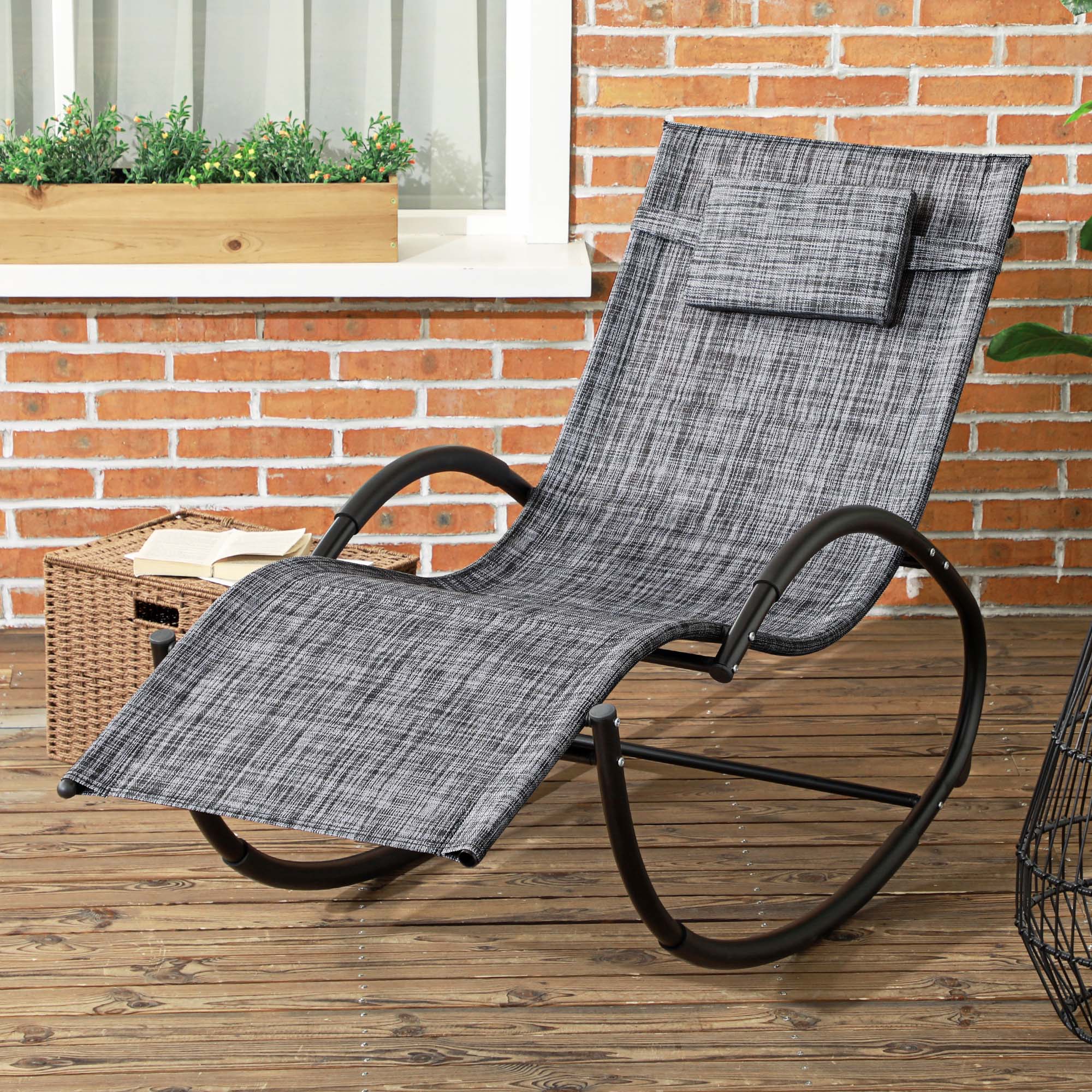 Outdoor Rocking Chair, Patio Zero Gravity Rocker with Mesh Seat and Padded Pillow for Indoor, Garden, Grey - Image 6