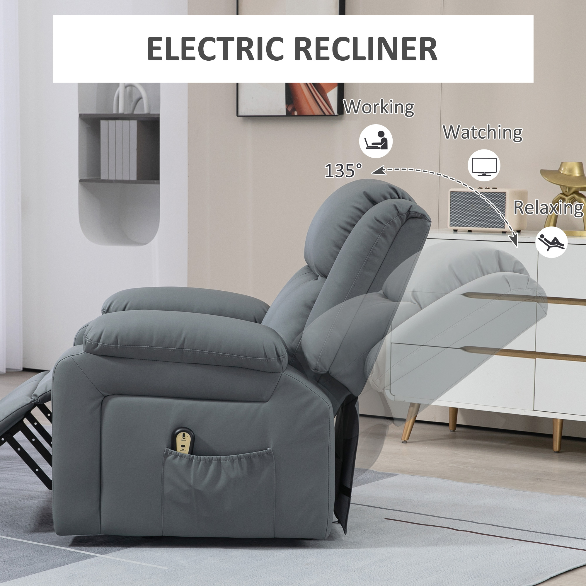 Lift Chair for Seniors, PU Leather Upholstered Electric Recliner Chair with Remote, Side Pockets, Quick Assembly, Grey - Image 3