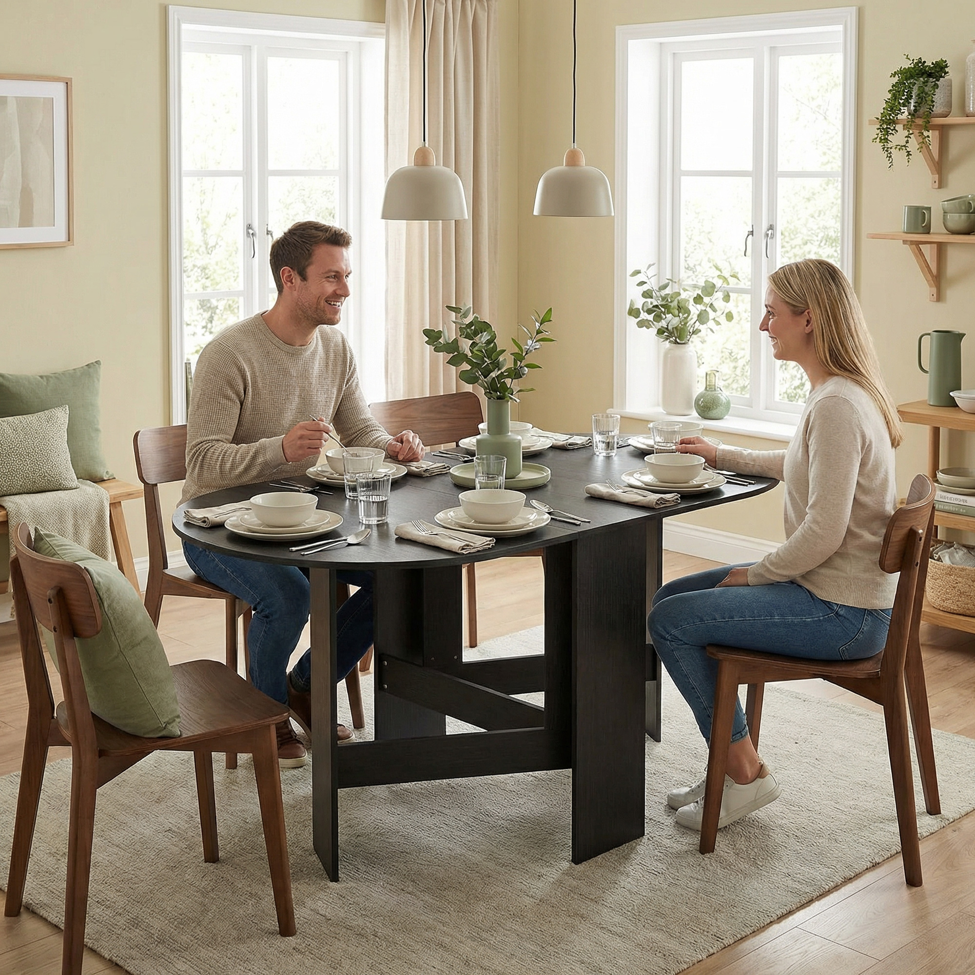 Oval Folding Dining Table, Space Saving Drop Leaf Kitchen Table for Dining Room, Living Room, Black - Image 6
