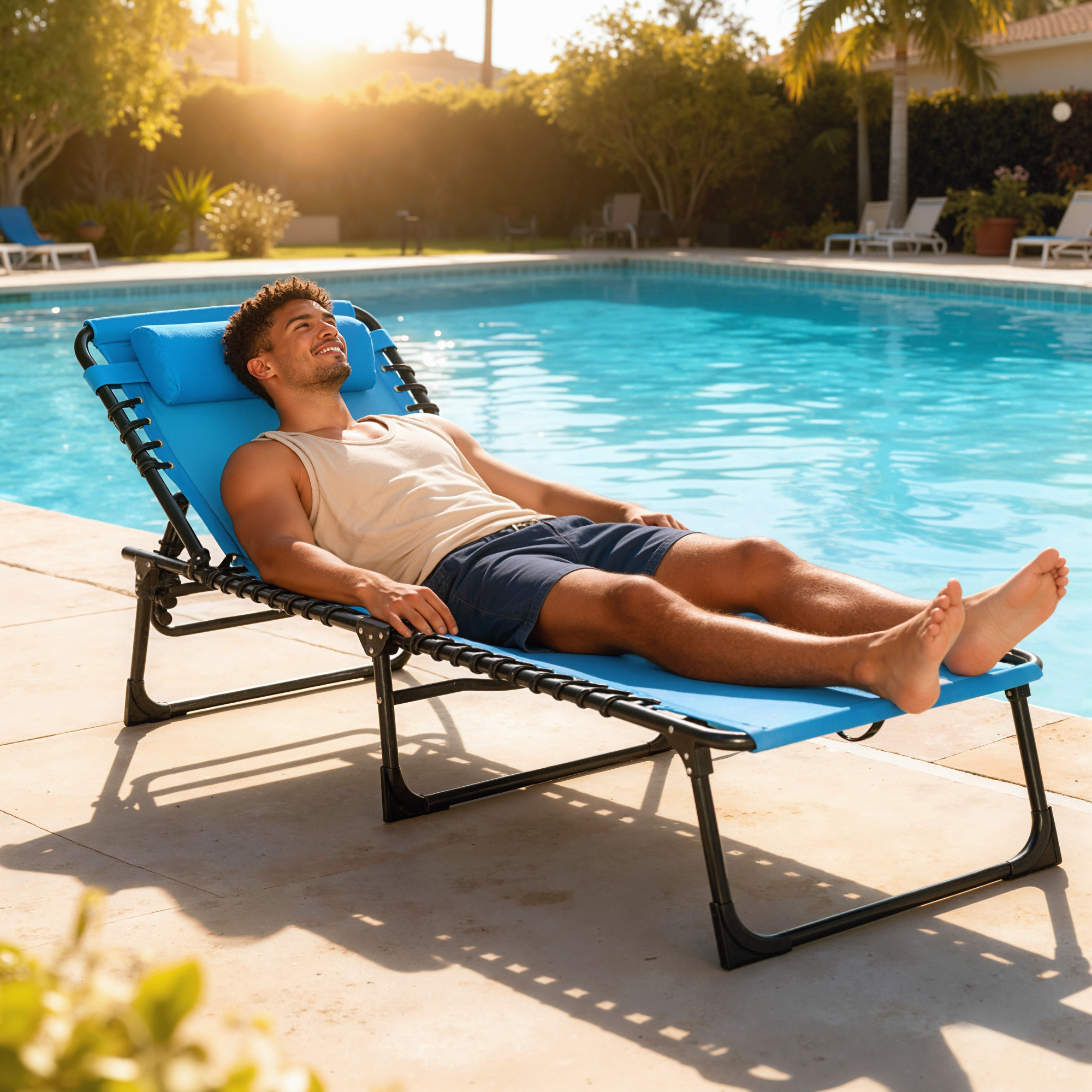 Outdoor Folding Lounge Chair, 4-Level Adjustable Chaise Lounge with Headrest, Tanning Chair Beach Bed, Reclining Lounger Cot for Camping, Hiking, Backyard, Sky Blue - Image 6