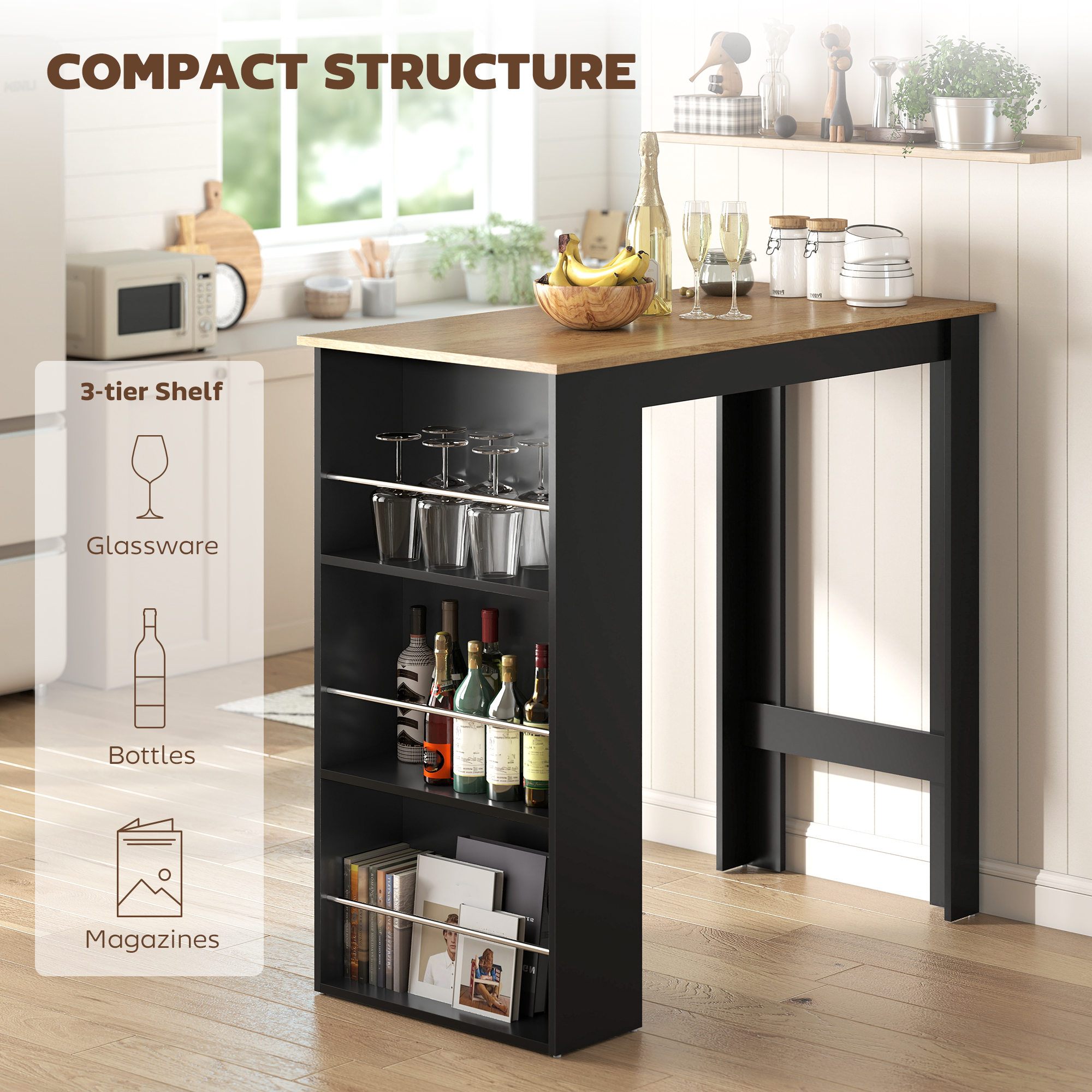 Modern Bar Table, Counter Height Dining Table with 3 Storage Shelves for Kitchen, Dining Room, Living Room, Walnut - Image 2