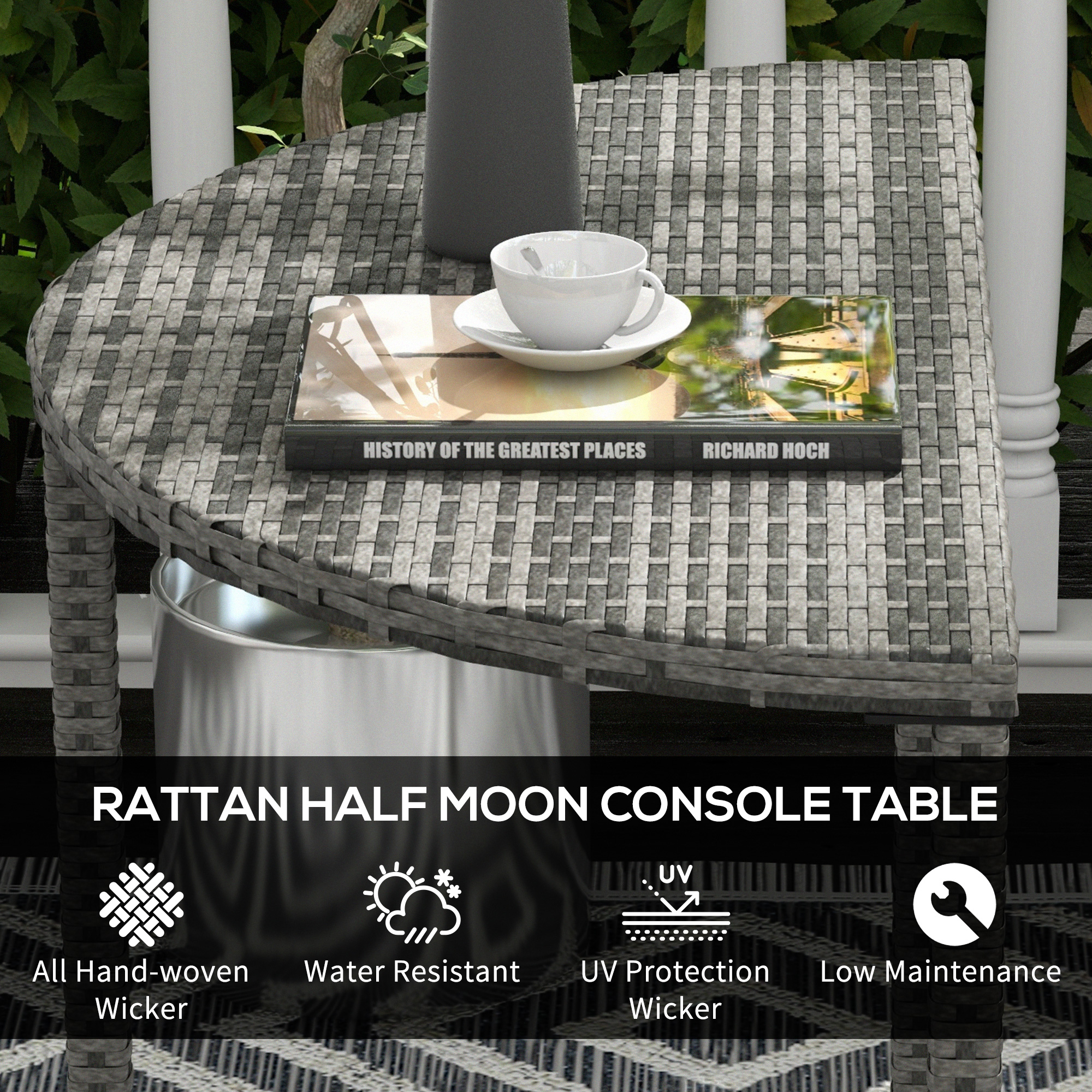 Half Round Side Table, PE Rattan Coffee Table with Metal Frame for Patio, Garden, Balcony, Grey - Image 3