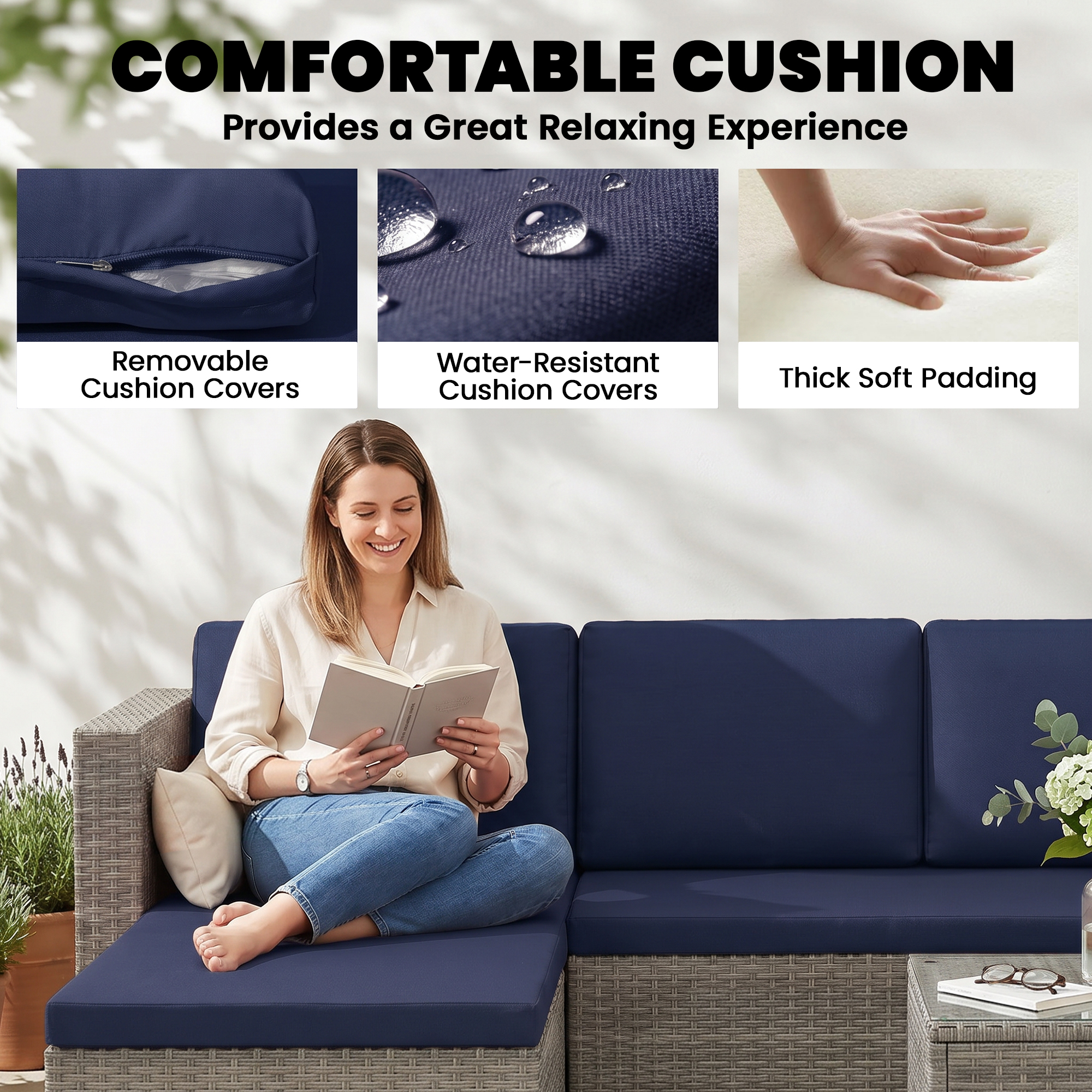 3pcs Modern Rattan Sofa Set, Wicker Patio Furniture Set with Coffee Table, Cushions, Pillows - Image 3