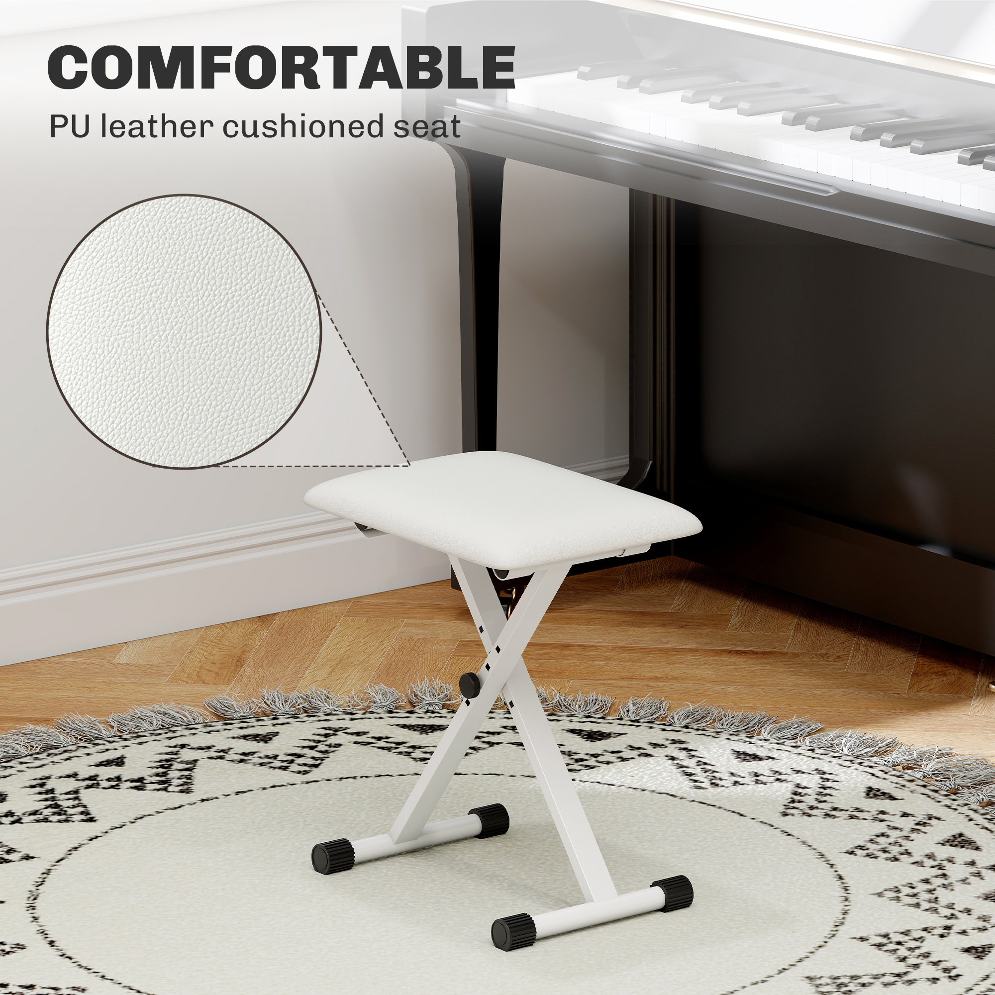 Adjustable Piano Bench, X-Style Folding Piano Stool with Padded Seat, Non-Slip Rubber Feet, Keyboard Chair, White - Image 2