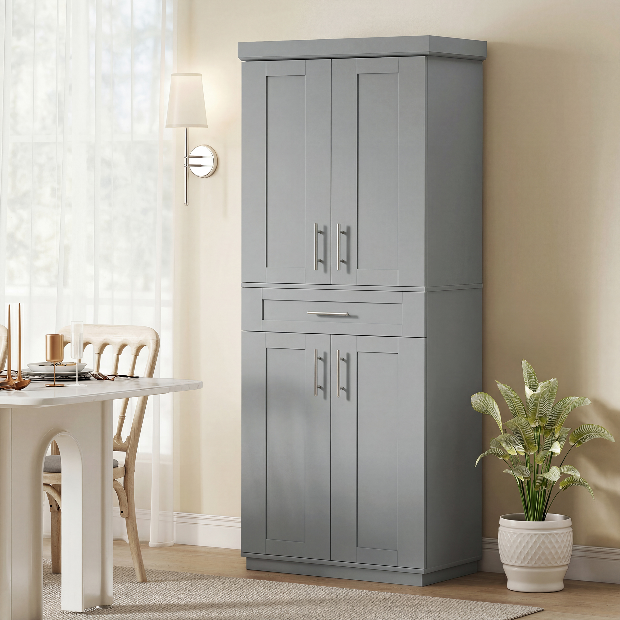 72" Storage Cabinet, Freestanding Kitchen Pantry Cabinet with 4 Doors, Drawer and 3 Adjustable Shelves, Grey - Image 6