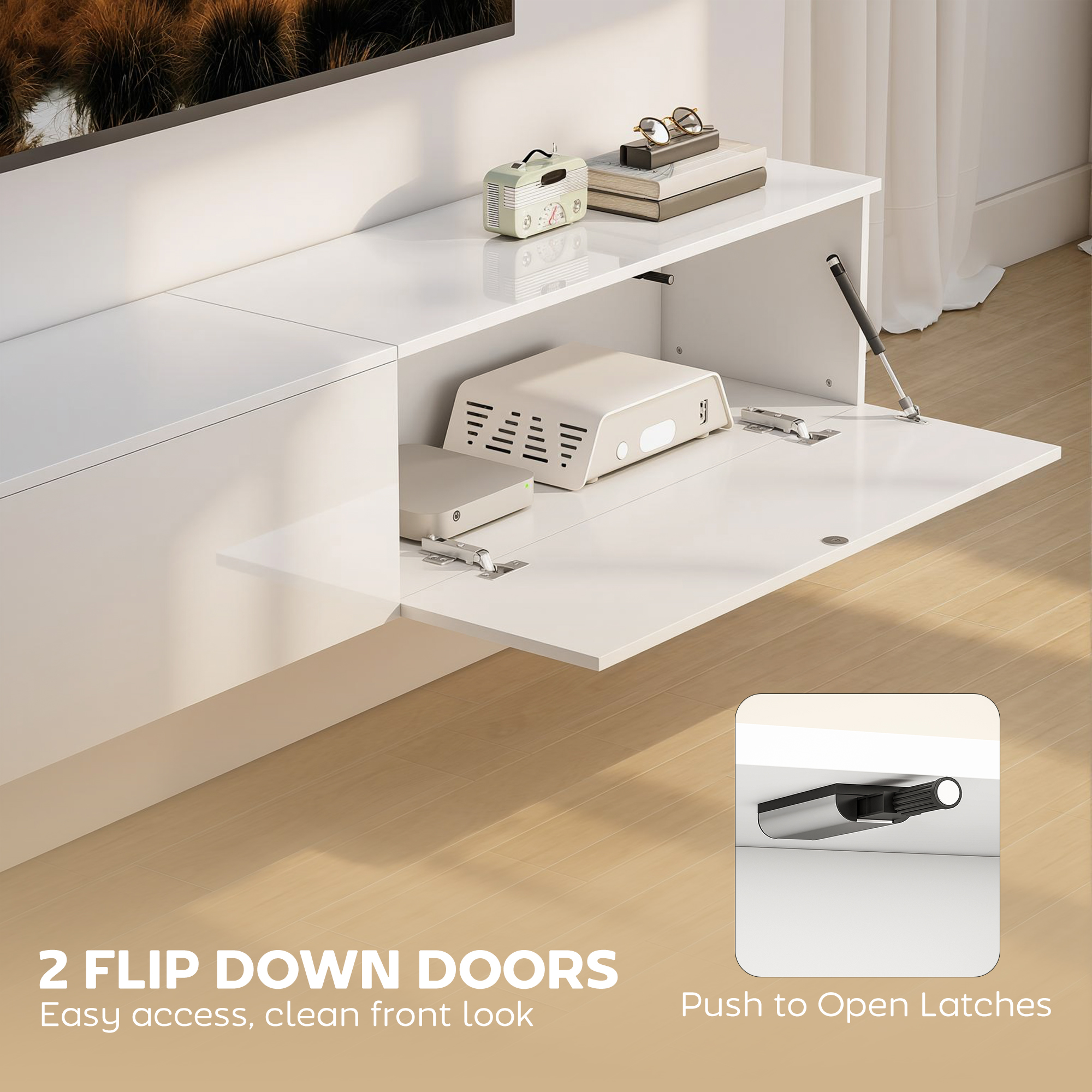 Floating TV Stand for TVs up to 75 Inch, 70.9" TV Cabinet, Entertainment Center with 2 Flip Doors, High Gloss White - Image 3