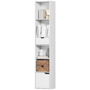 6-Tier Bookcase, Tall Narrow Bookshelf with Drawer and Door, White