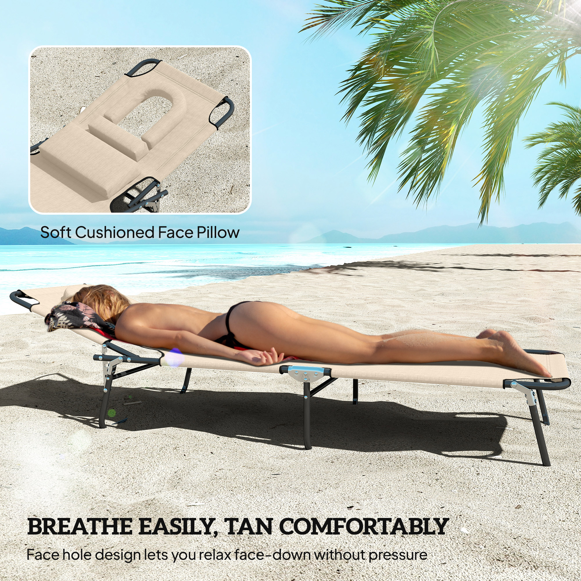 Outdoor Lounge Chair, Garden Folding Chaise Lounge w/ Adjustable Backrest, Face Hole and Support Pillow, Beige - Image 5
